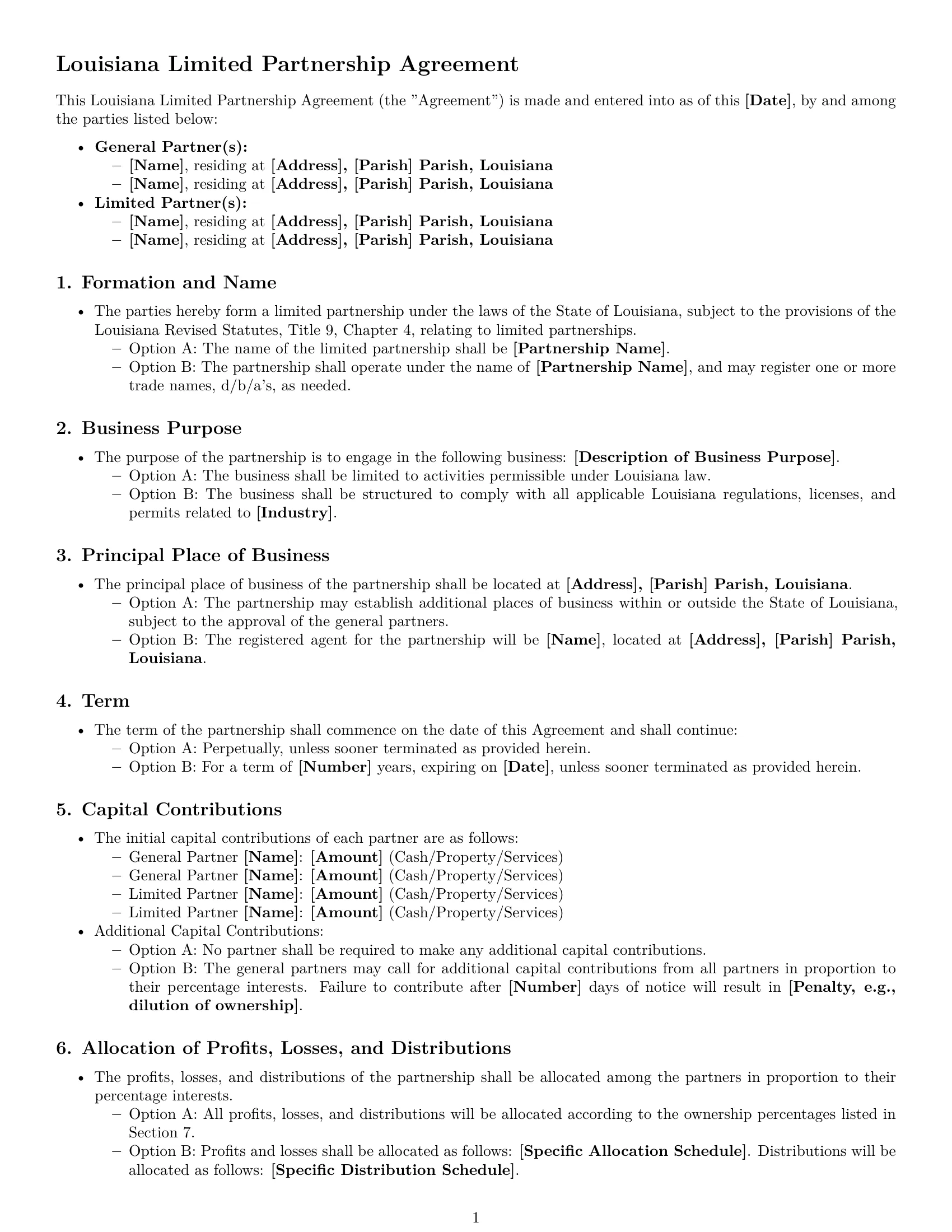 Preview page 1 of Free Louisiana limited partnership agreement template