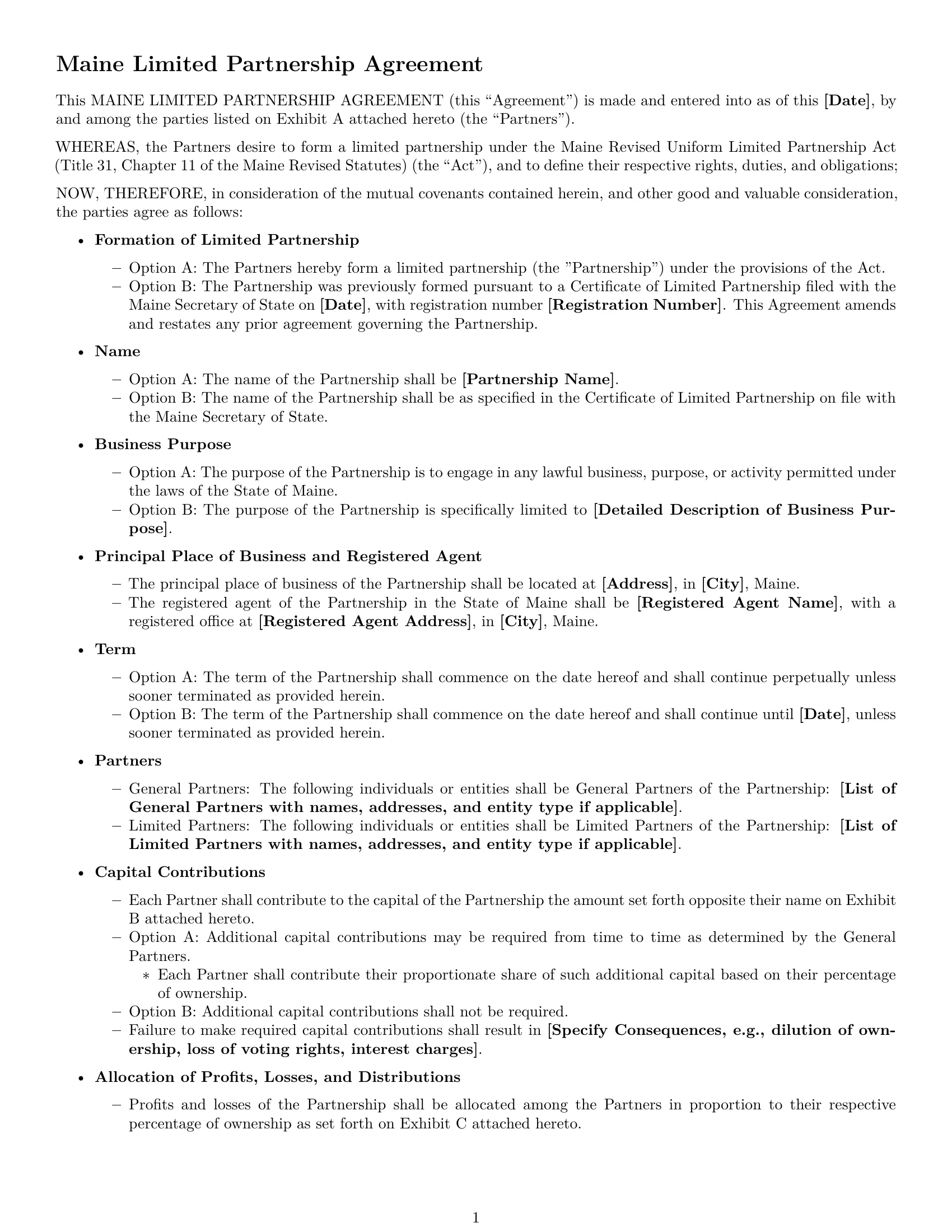 Preview page 1 of Free Maine limited partnership agreement template