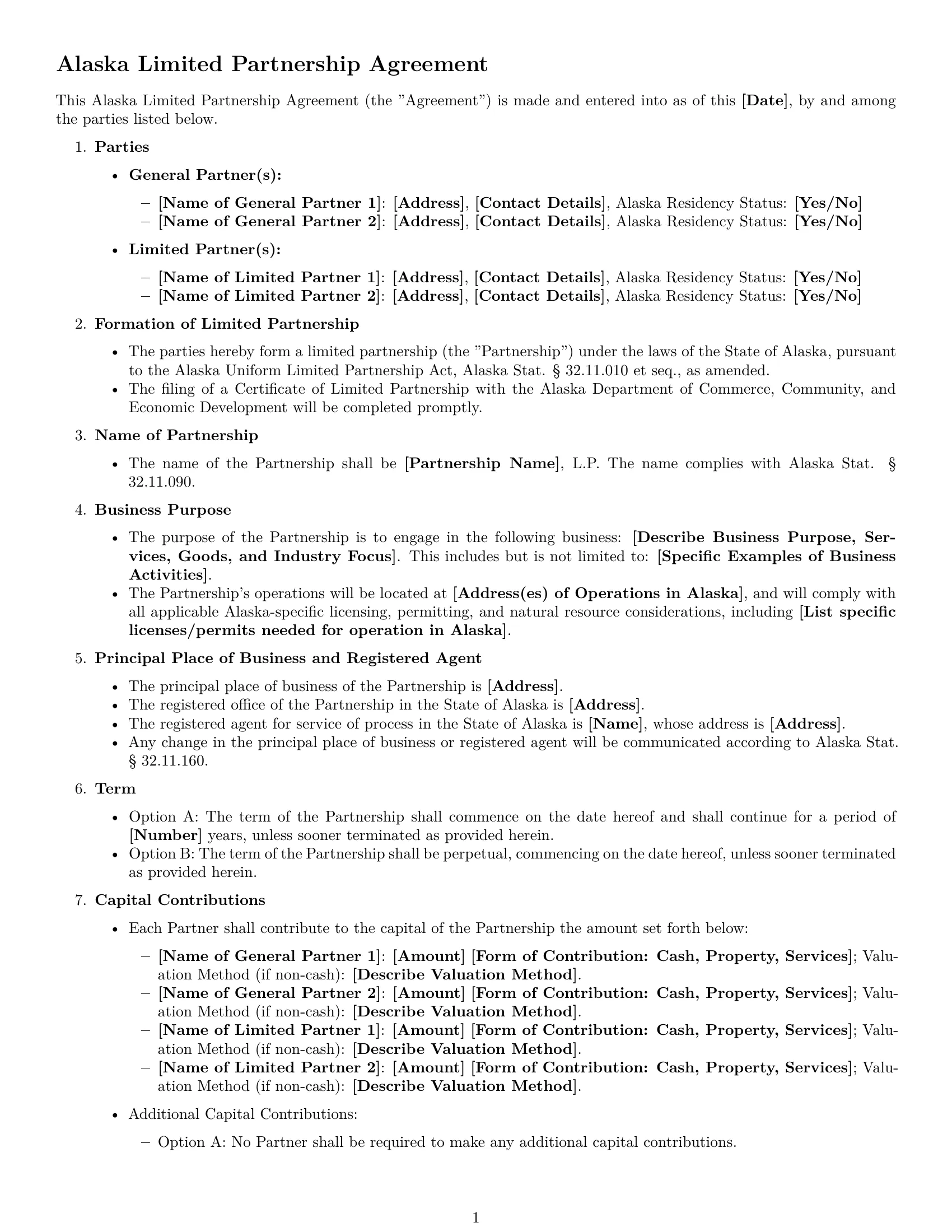 Preview page 1 of Free Alaska limited partnership agreement template