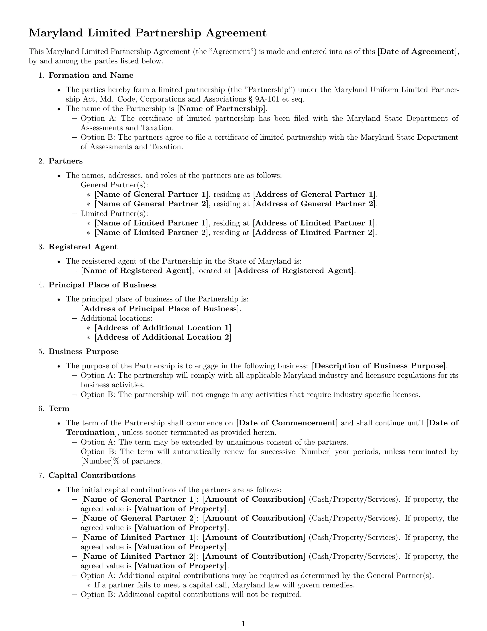 Preview page 1 of Free Maryland limited partnership agreement template