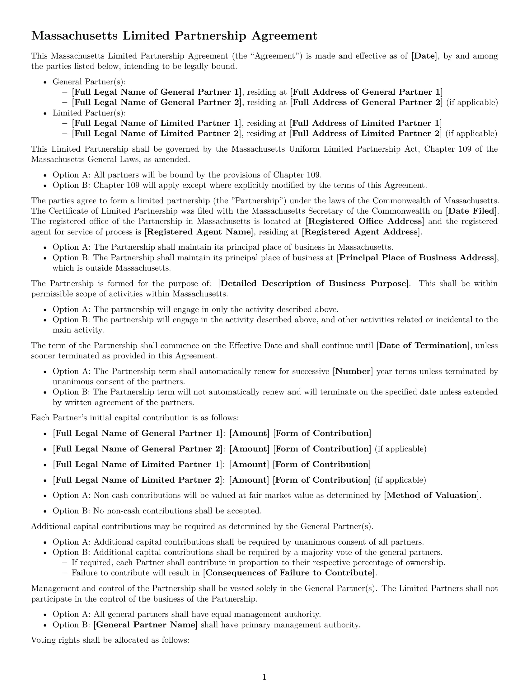 Preview page 1 of Free Massachusetts limited partnership agreement template