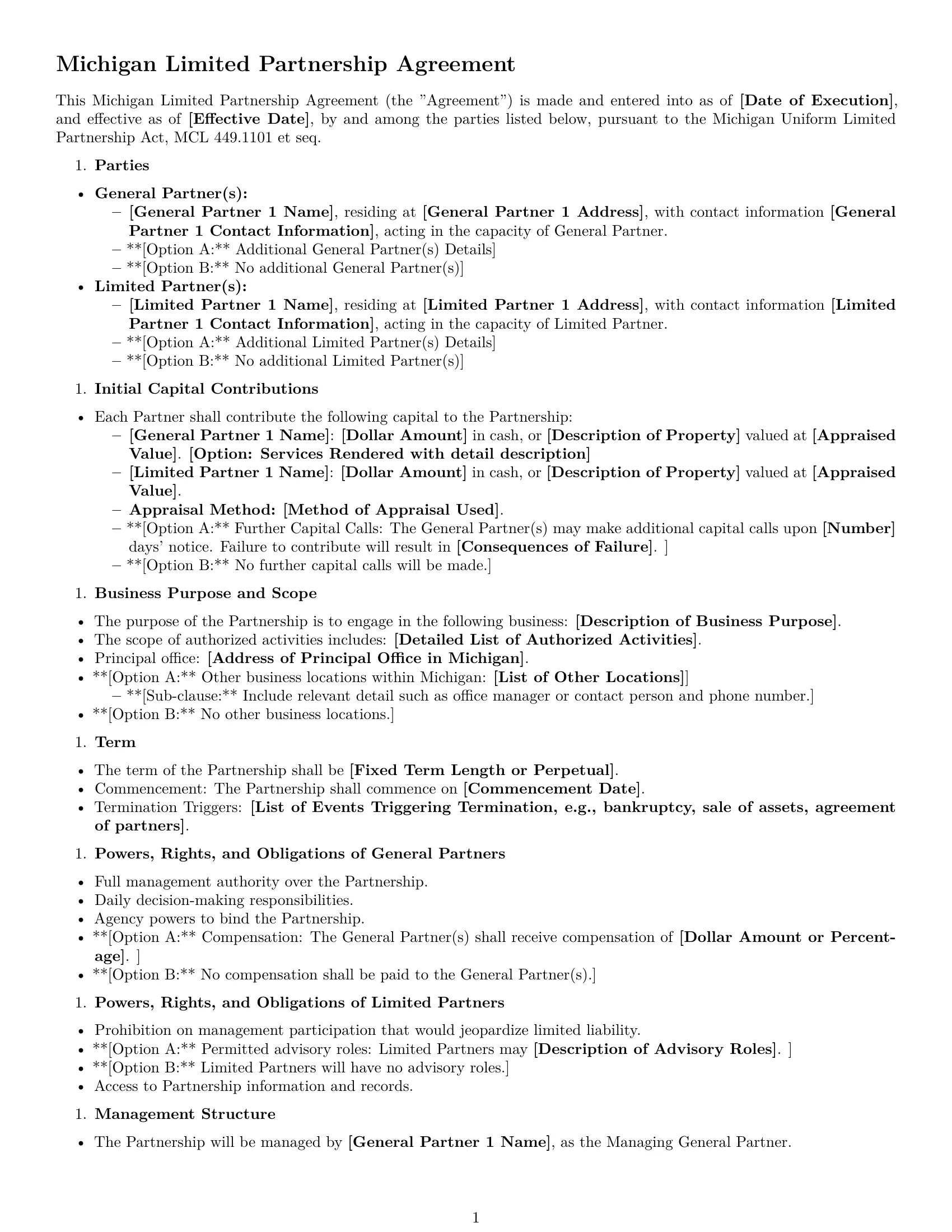 Preview page 1 of Free Michigan limited partnership agreement template