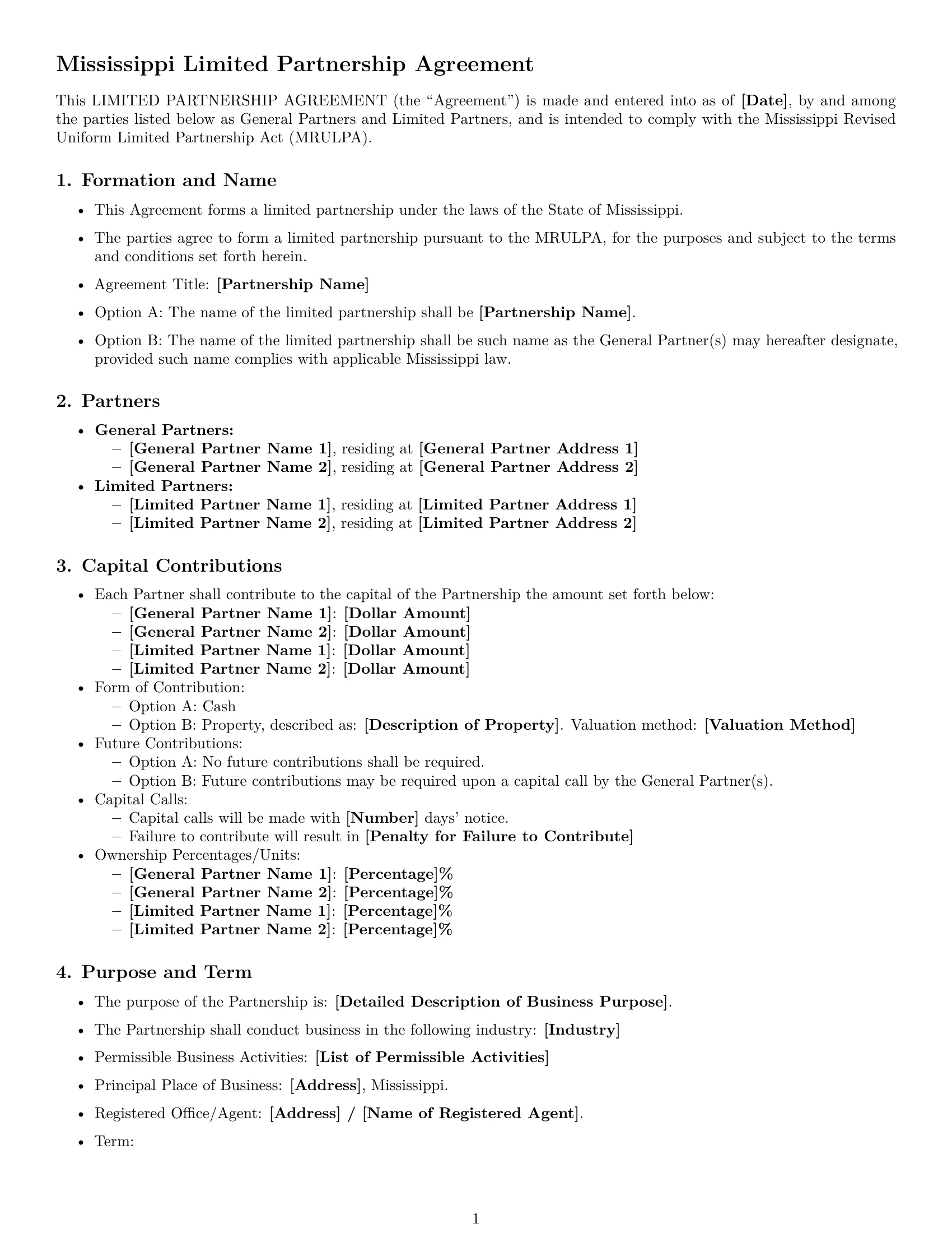 Preview page 1 of Free Mississippi limited partnership agreement template