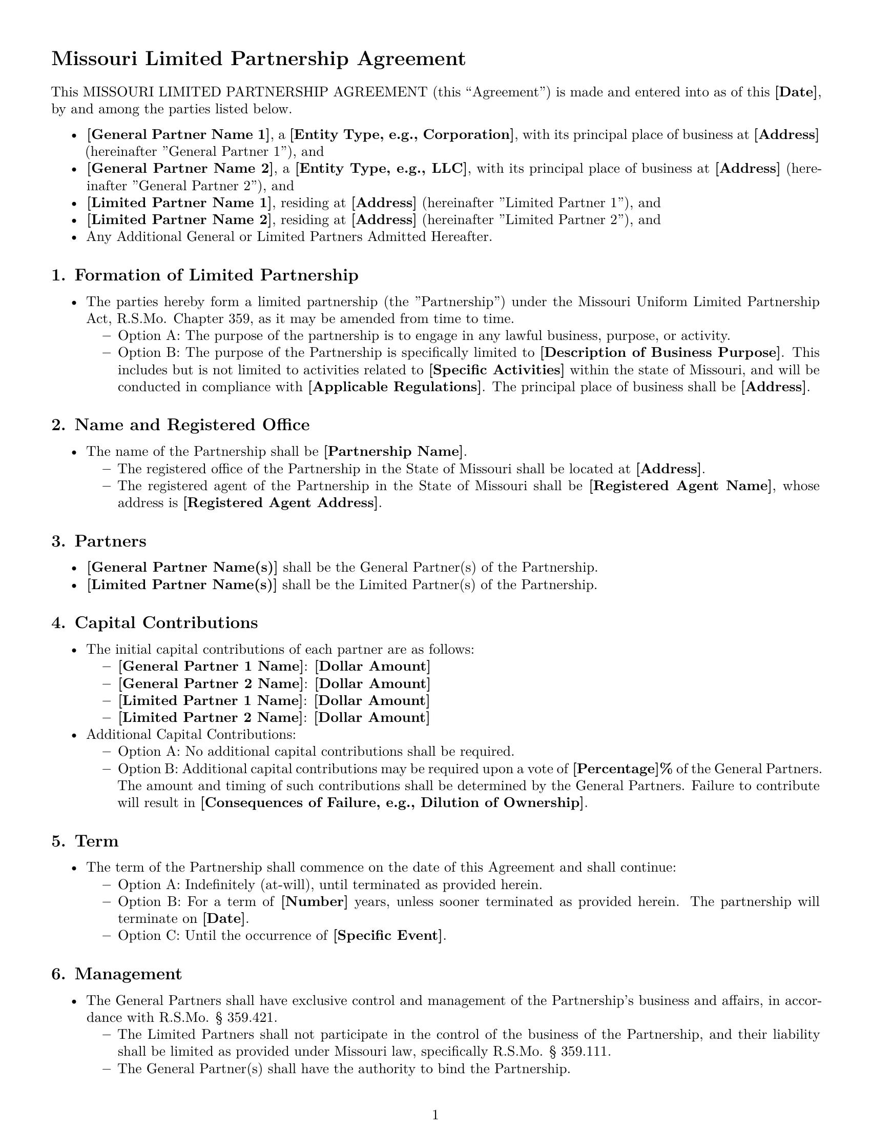Preview page 1 of Free Missouri limited partnership agreement template