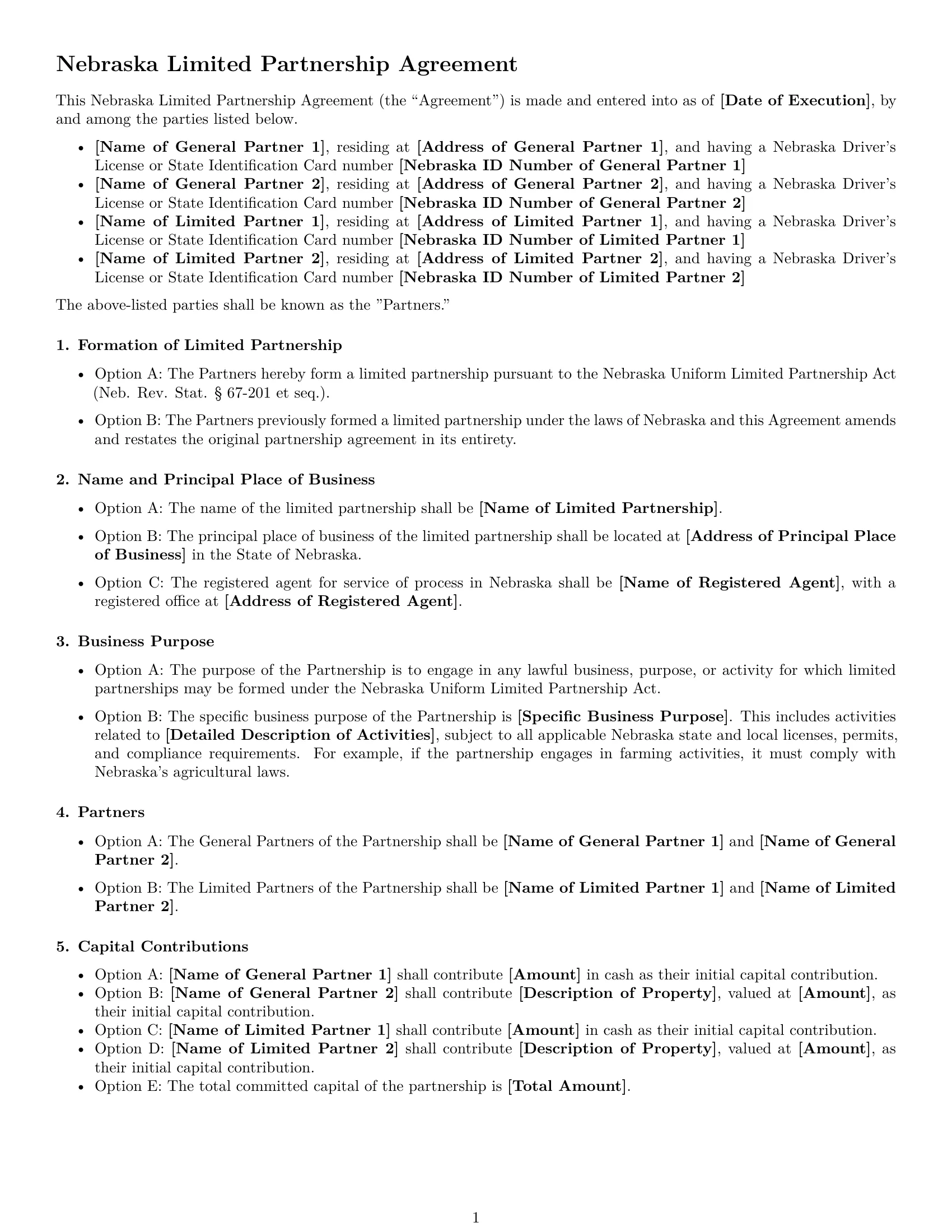 Preview page 1 of Free Nebraska limited partnership agreement template