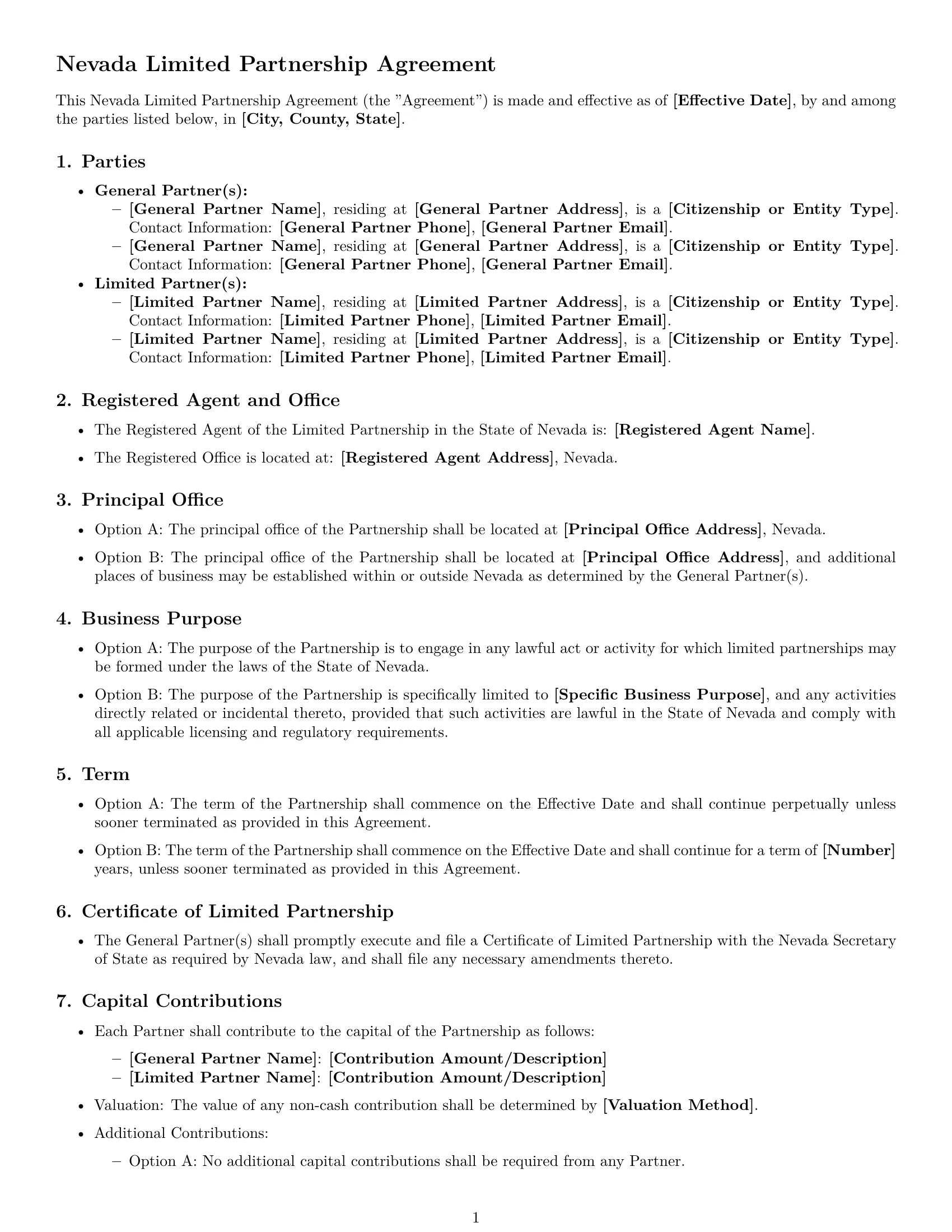 Preview page 1 of Free Nevada limited partnership agreement template
