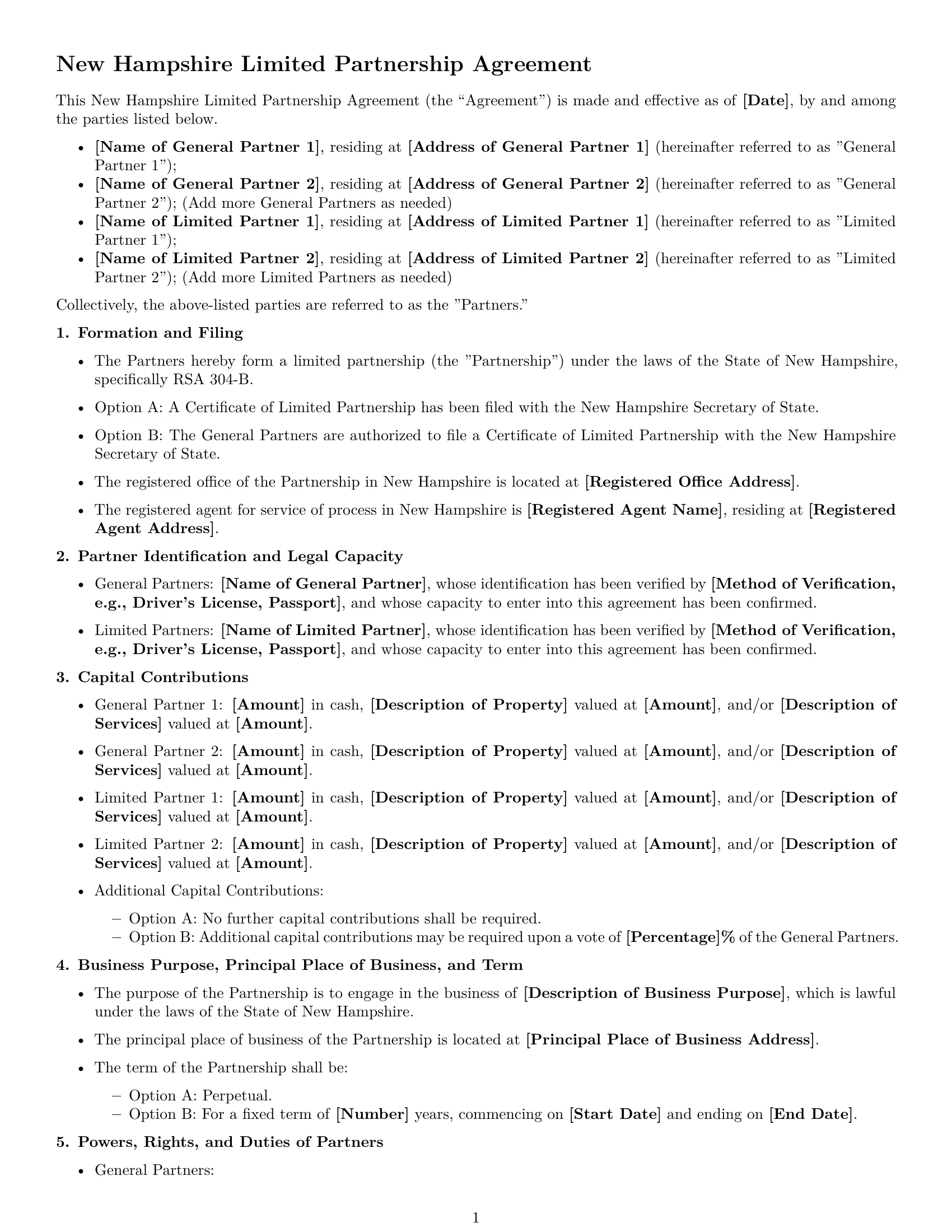 Preview page 1 of Free New Hampshire limited partnership agreement template