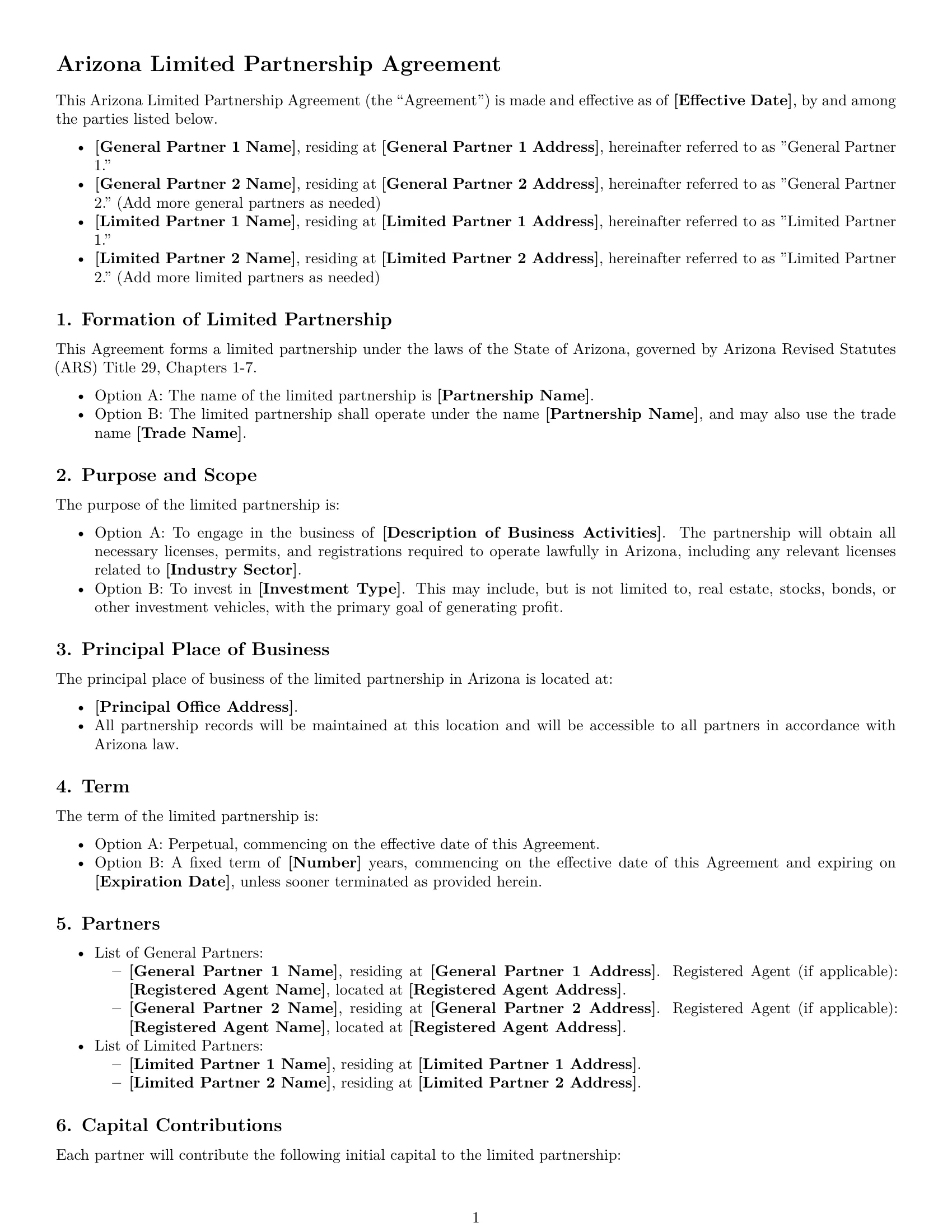 Preview page 1 of Free Arizona limited partnership agreement template