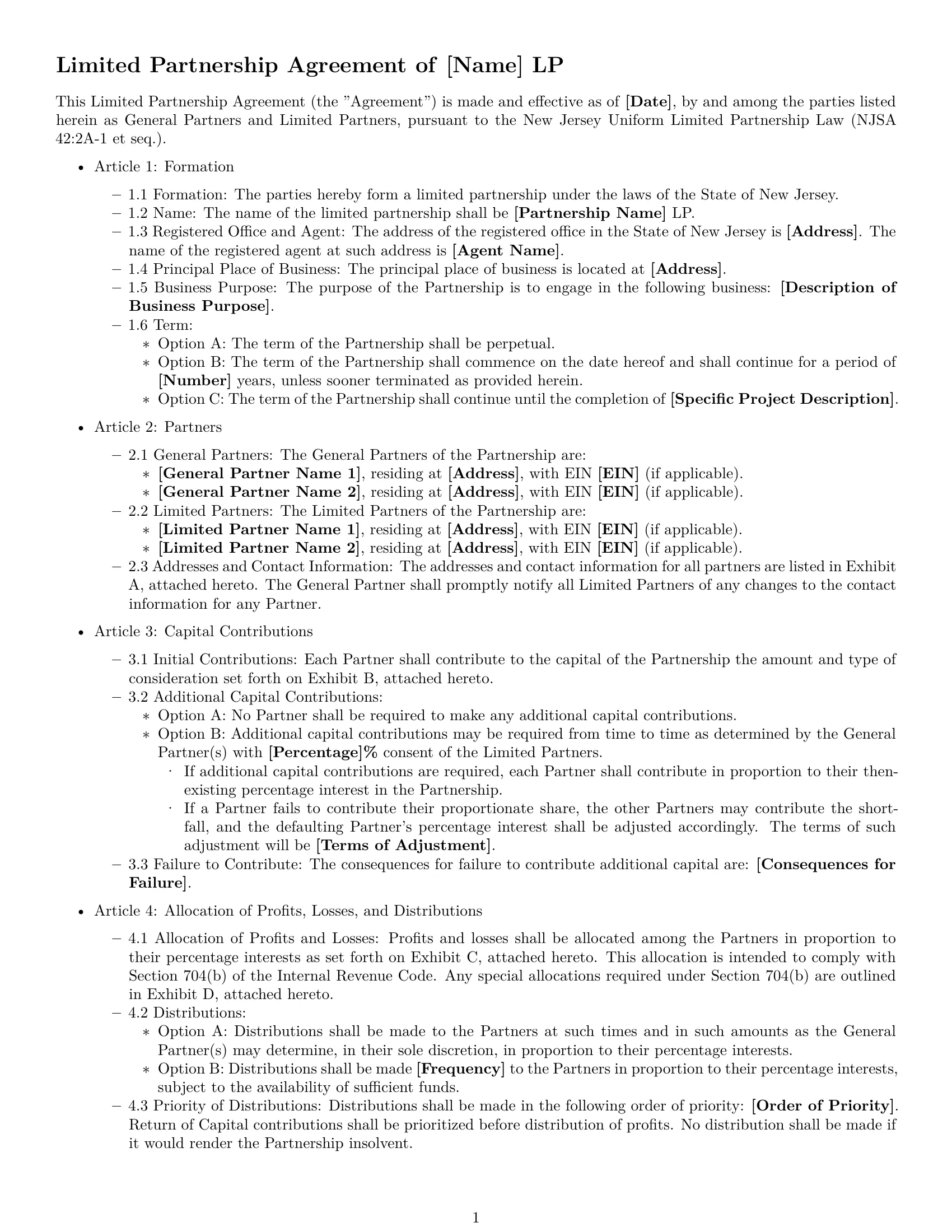 Preview page 1 of Free New Jersey limited partnership agreement template