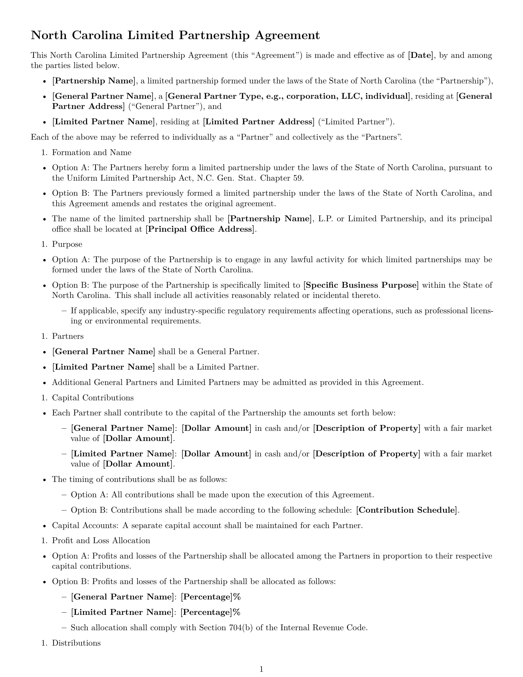 Preview page 1 of Free North Carolina limited partnership agreement template