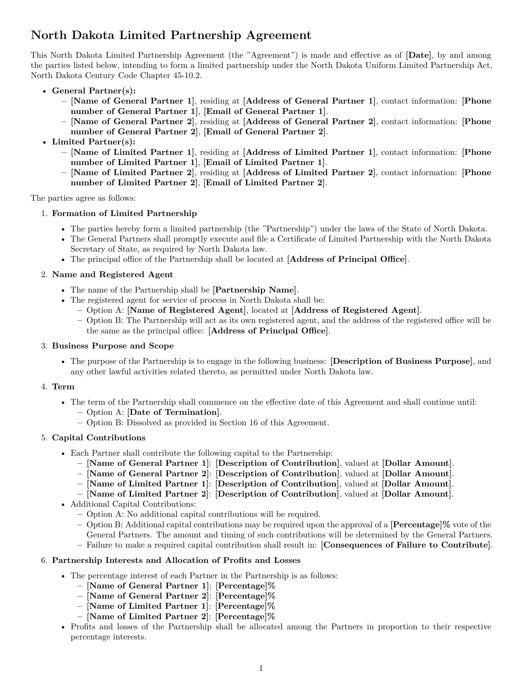 Preview page 1 of Free North Dakota limited partnership agreement template