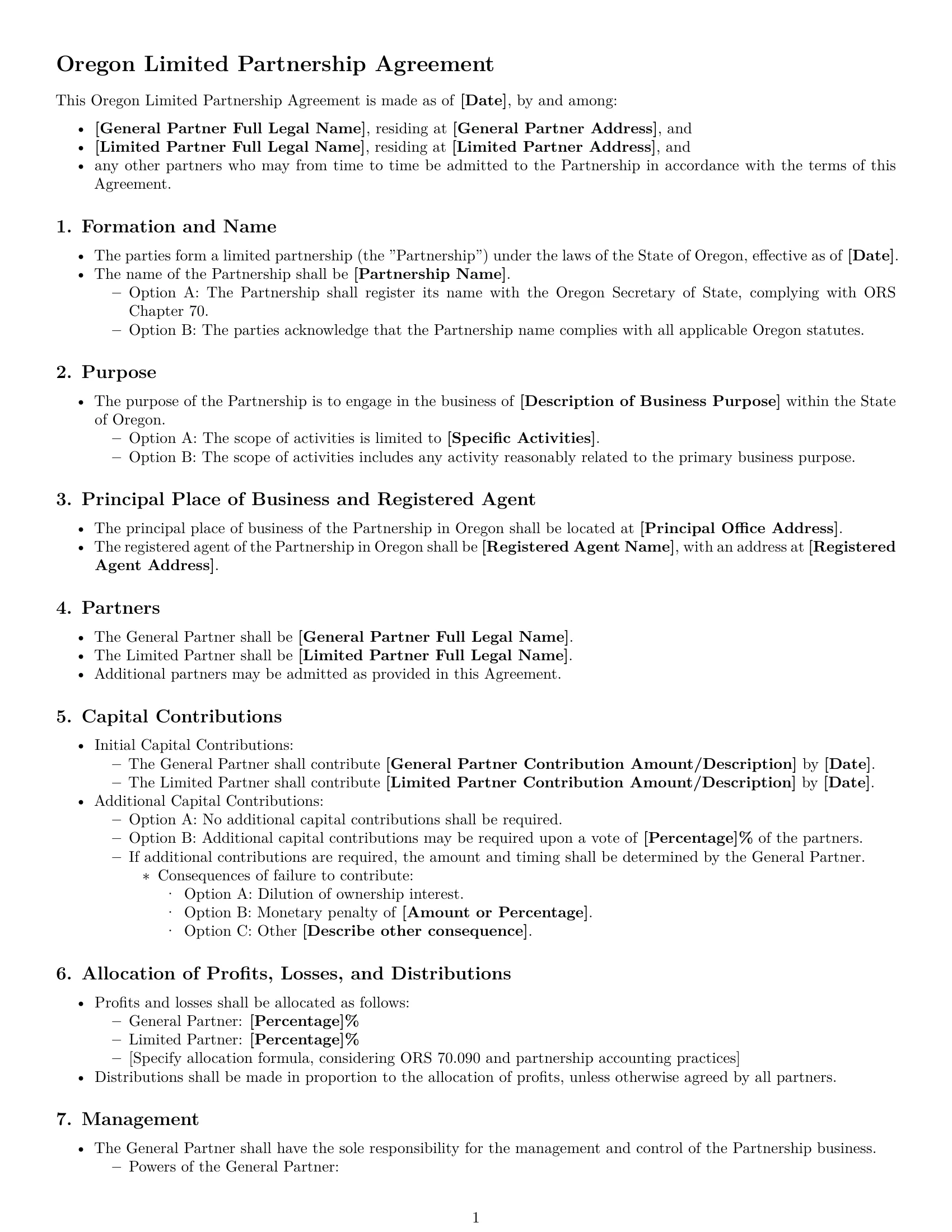Preview page 1 of Free Oregon limited partnership agreement template