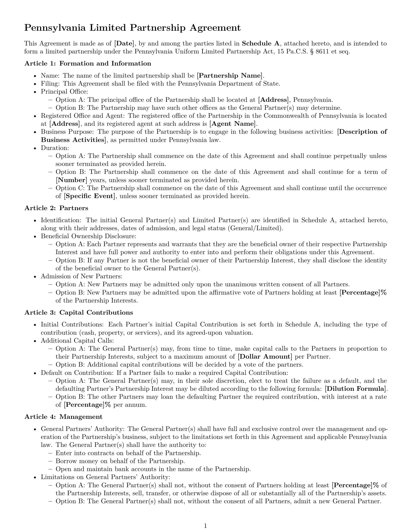 Preview page 1 of Free Pennsylvania limited partnership agreement template