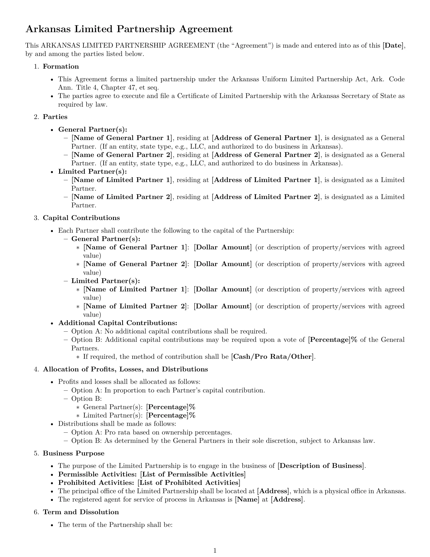 Preview page 1 of Free Arkansas limited partnership agreement template