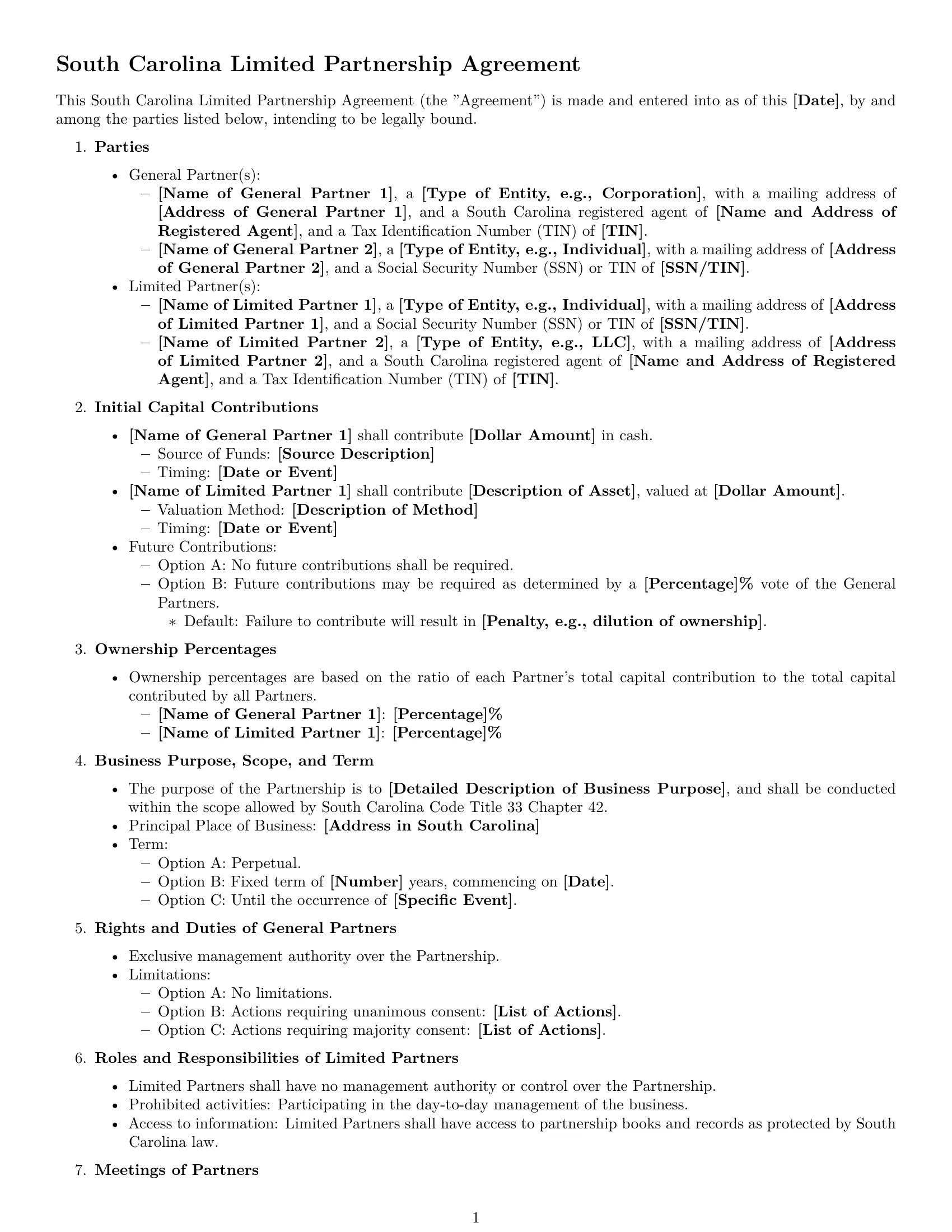 Preview page 1 of Free South Carolina limited partnership agreement template