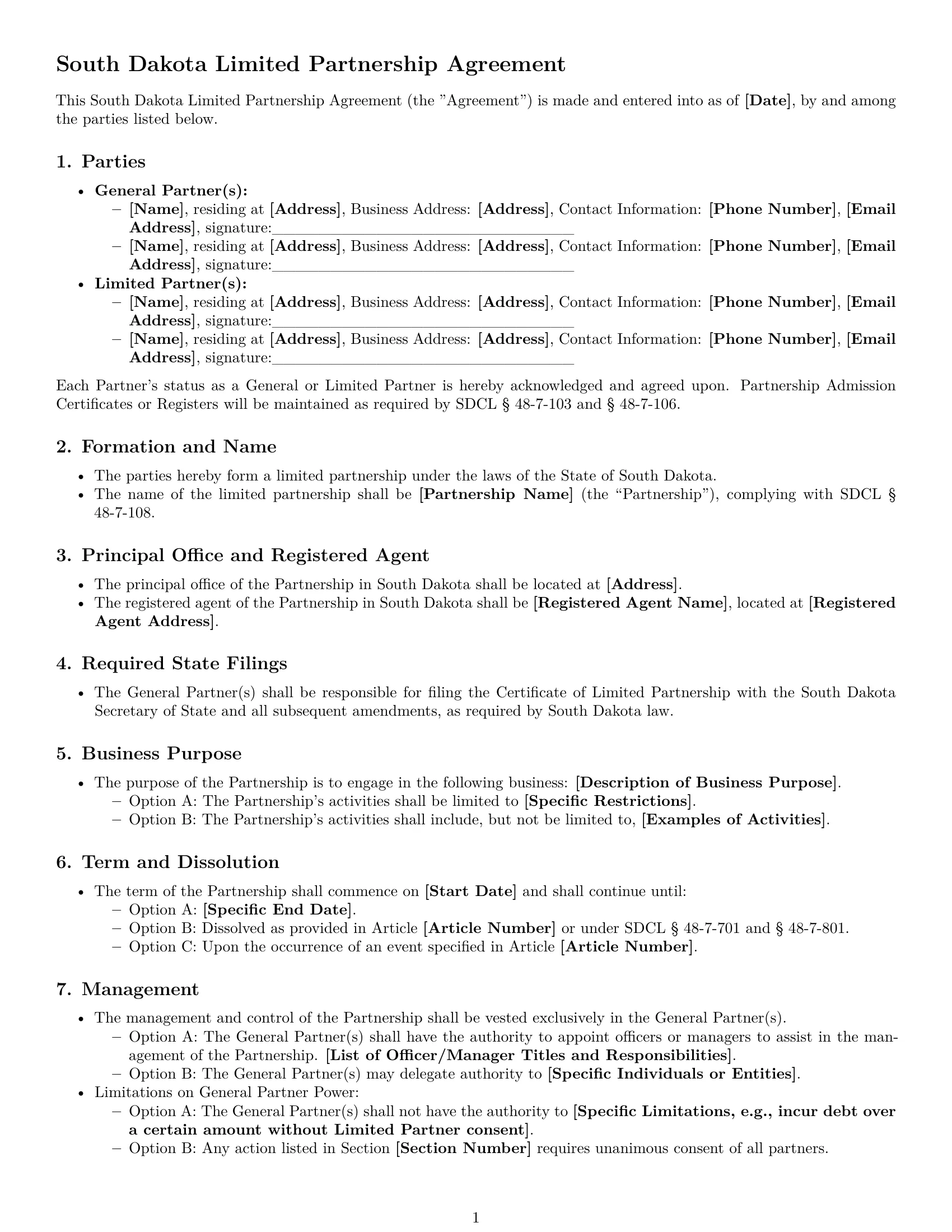 Preview page 1 of Free South Dakota limited partnership agreement template