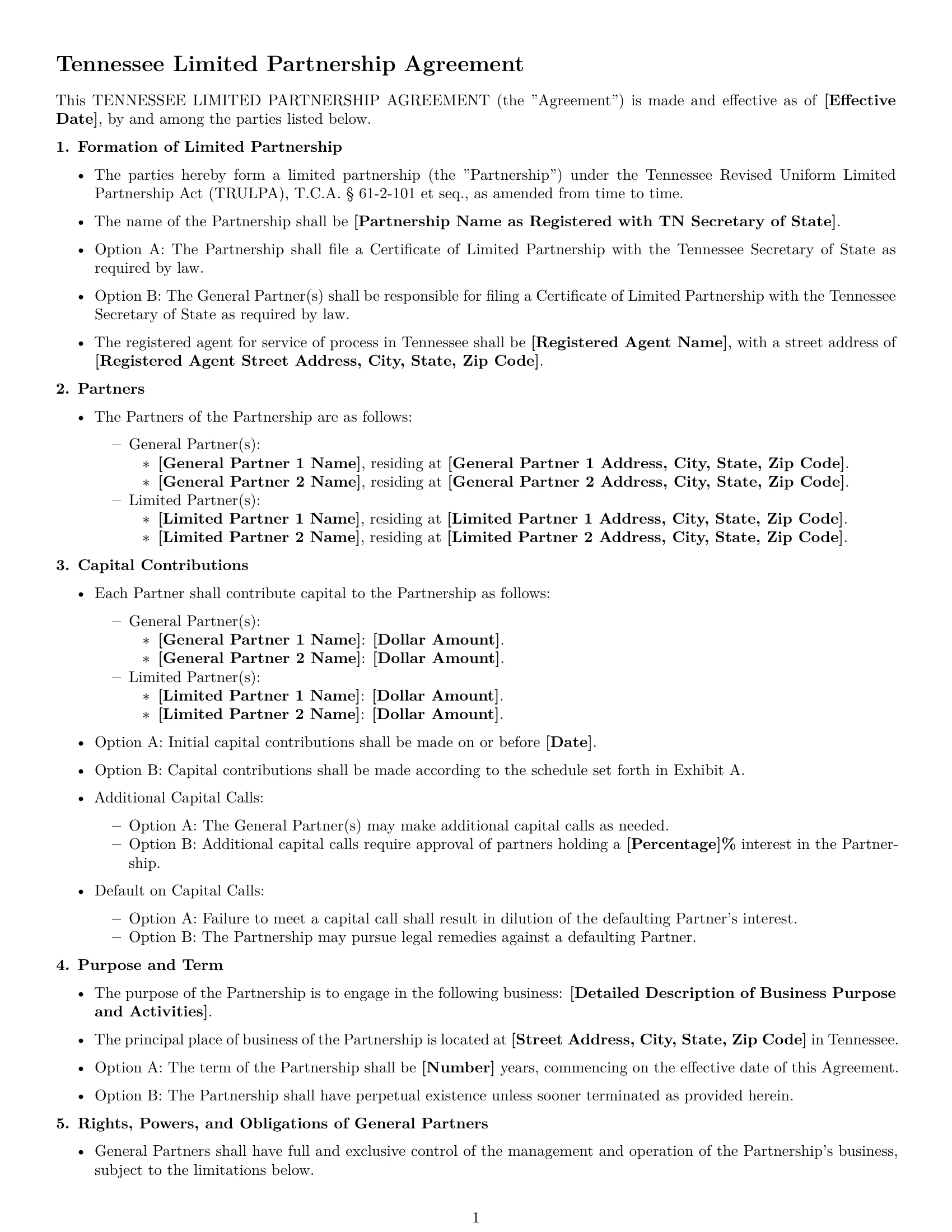 Preview page 1 of Free Tennessee limited partnership agreement template