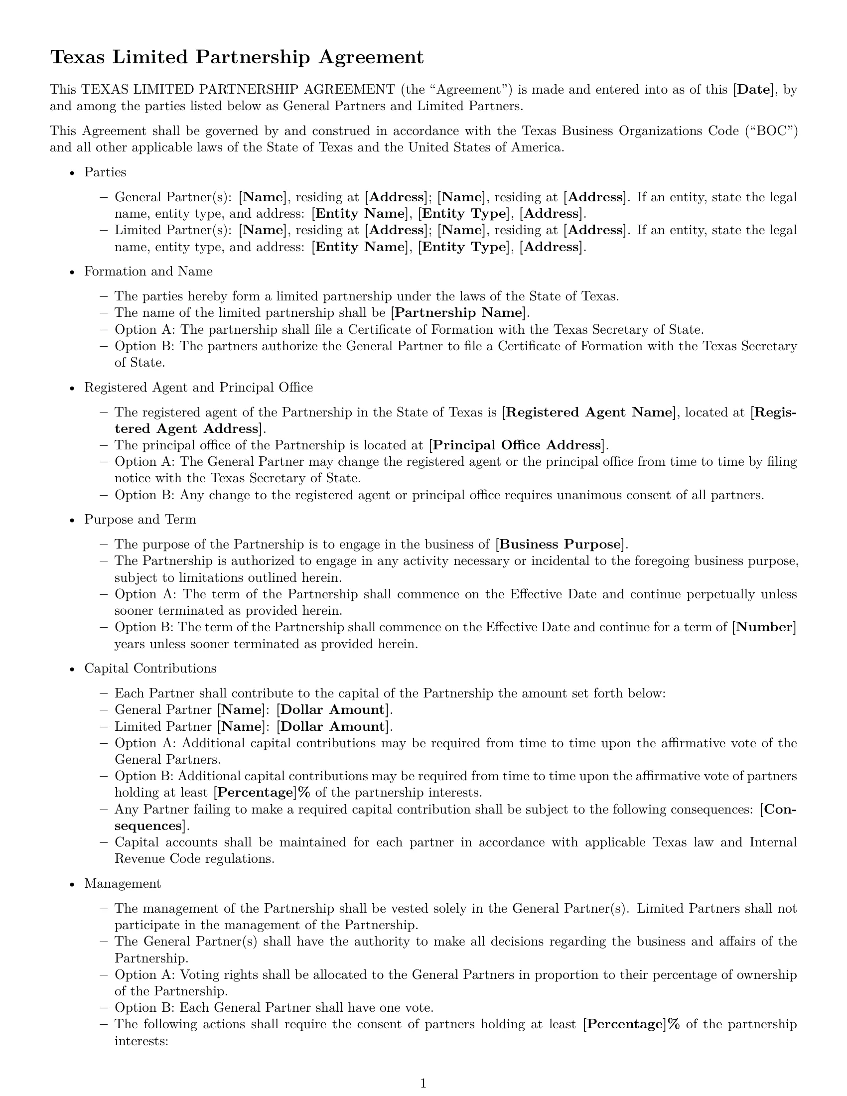 Preview page 1 of Free Texas limited partnership agreement template