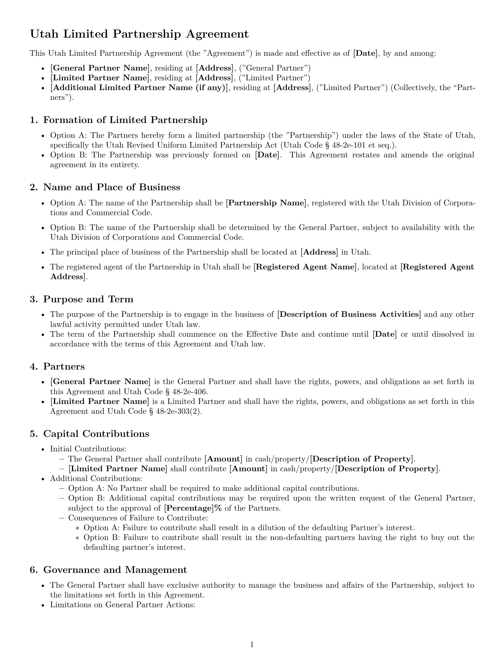 Preview page 1 of Free Utah limited partnership agreement template
