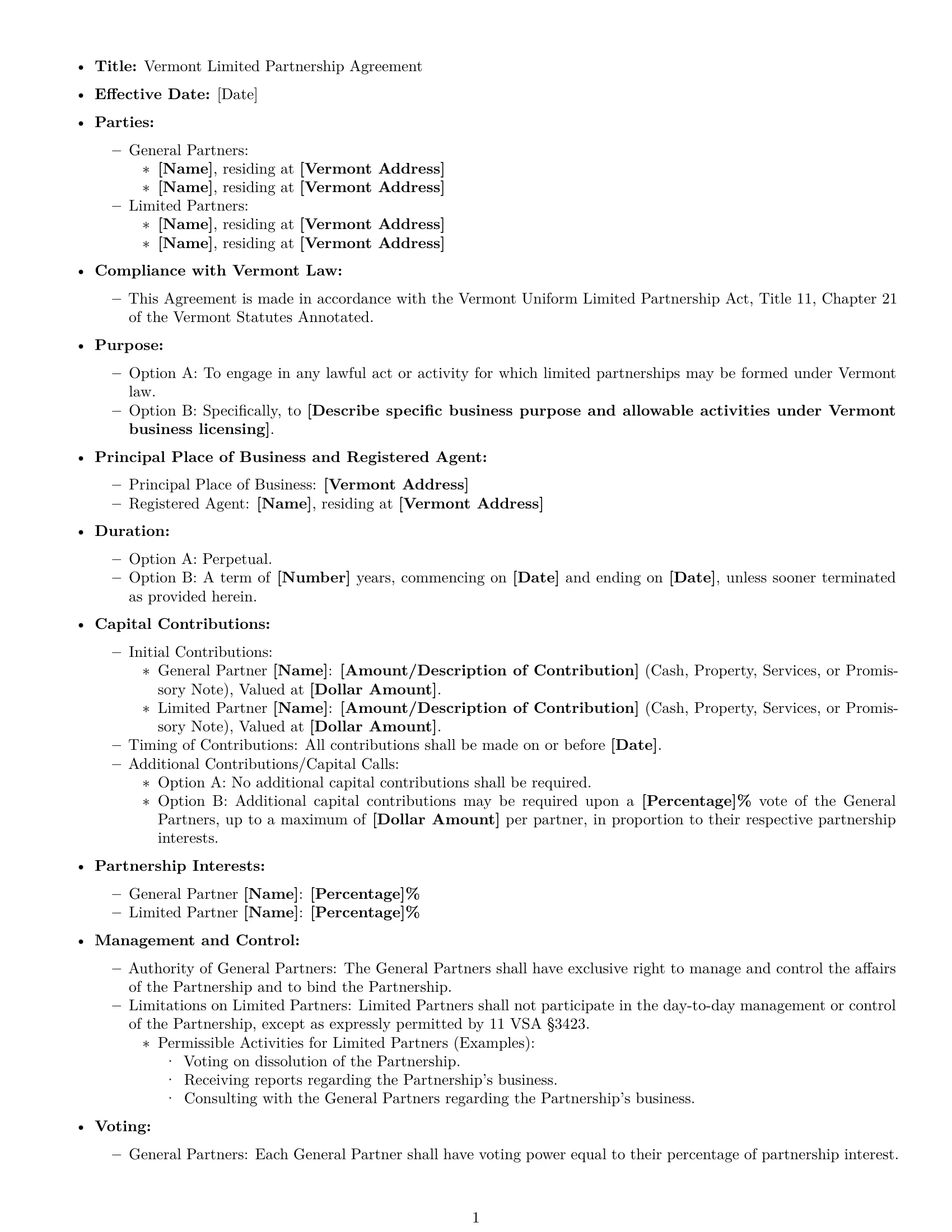 Preview page 1 of Free Vermont limited partnership agreement template