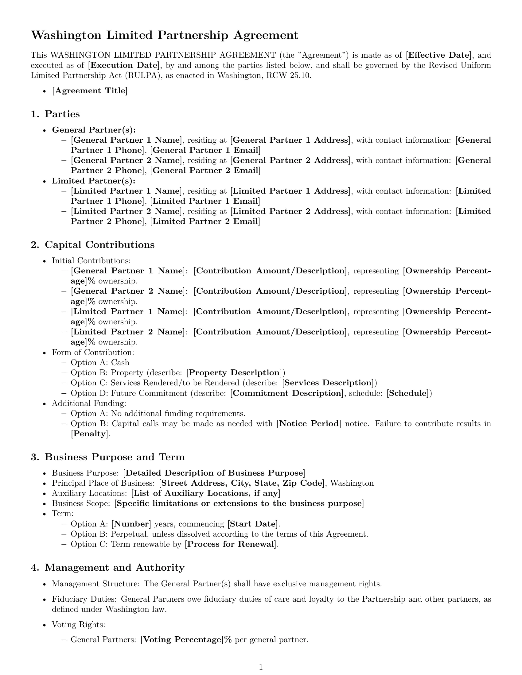 Preview page 1 of Free Washington limited partnership agreement template