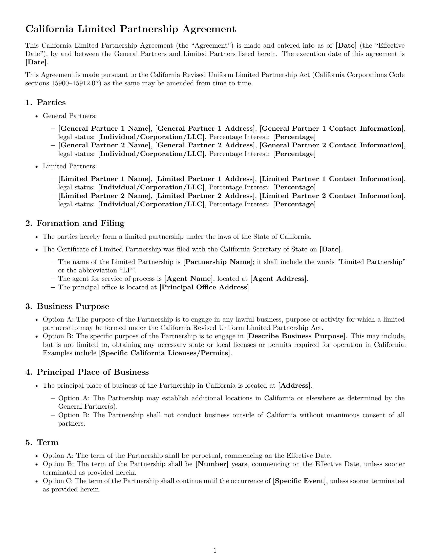 Preview page 1 of Free California limited partnership agreement template