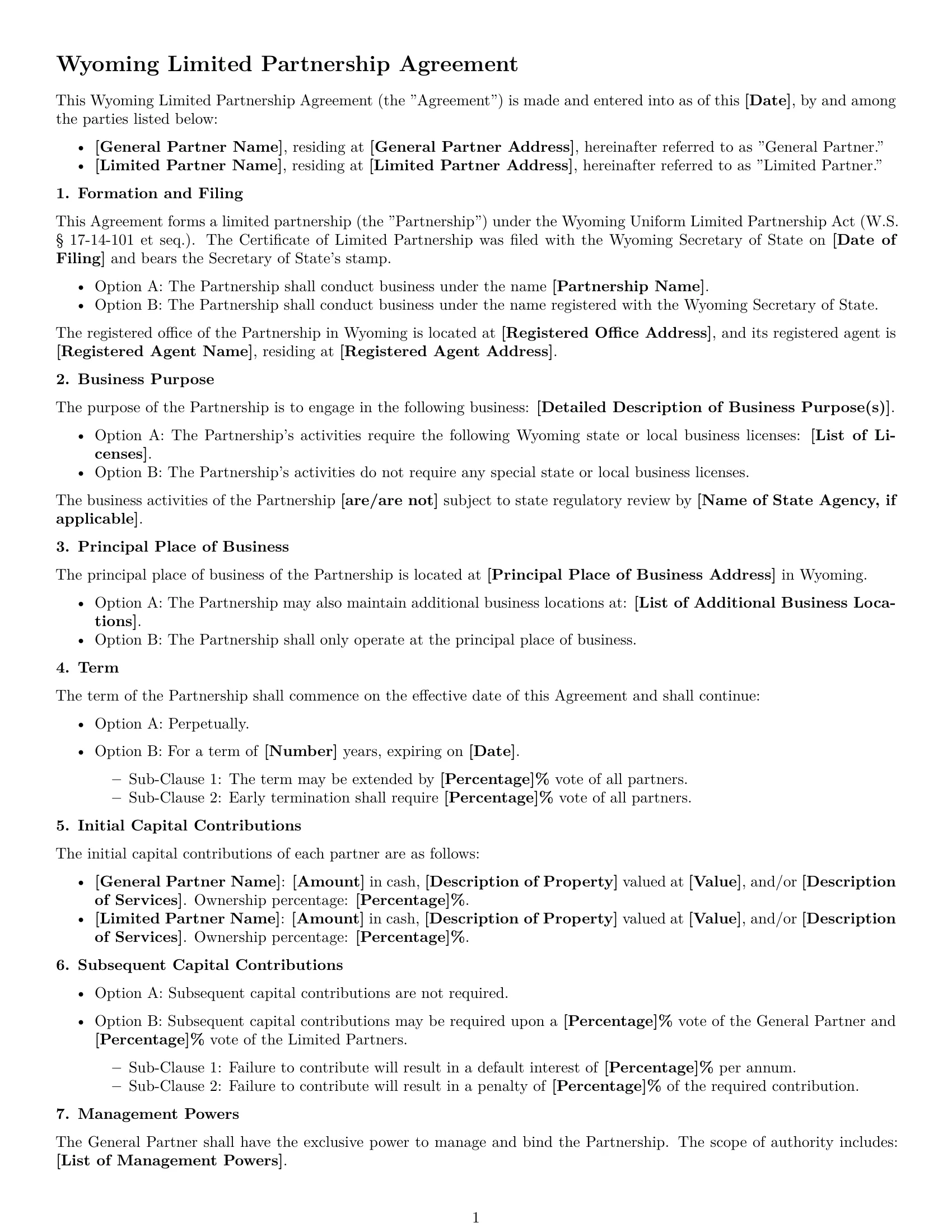 Preview page 1 of Free Wyoming limited partnership agreement template