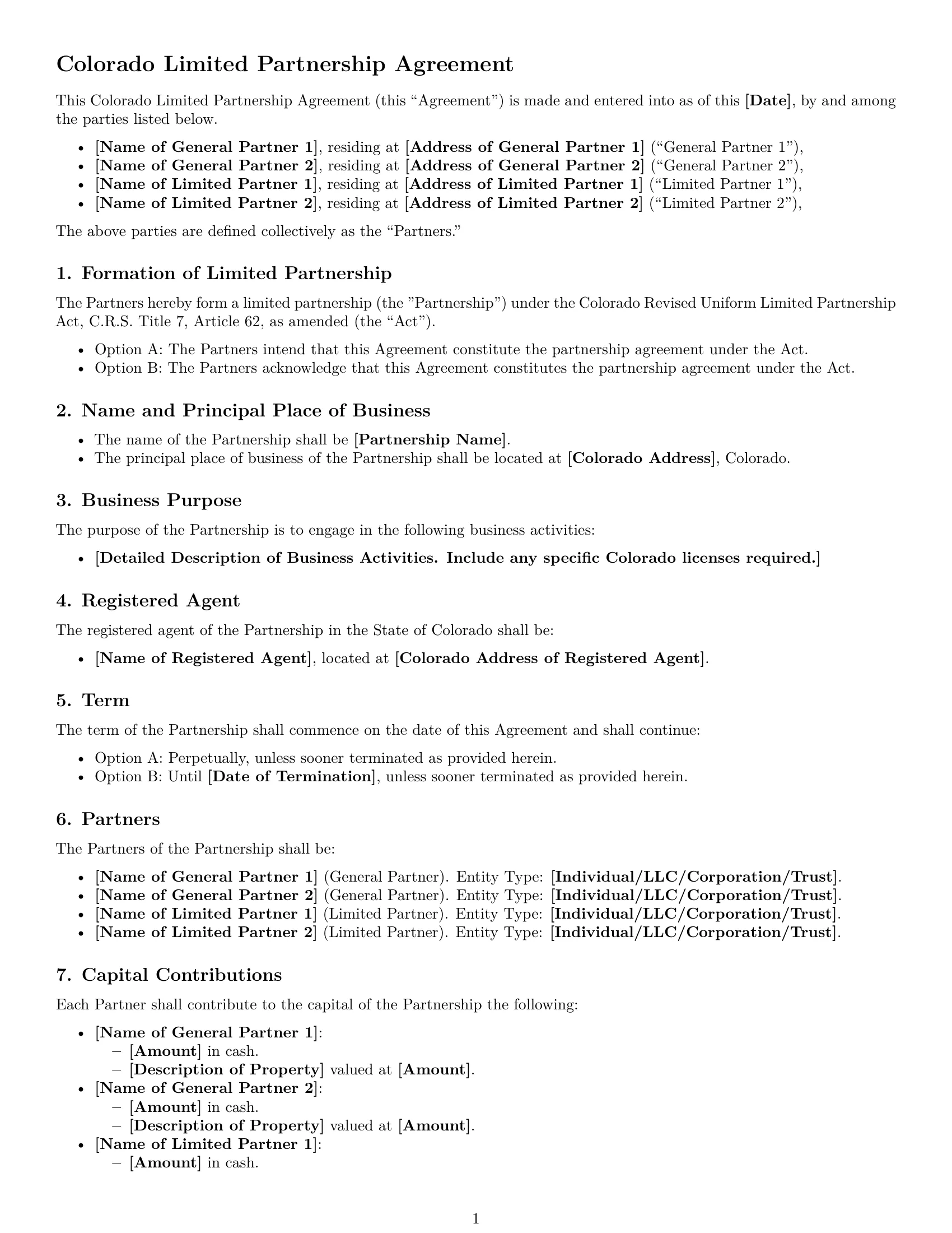 Preview page 1 of Free Colorado limited partnership agreement template