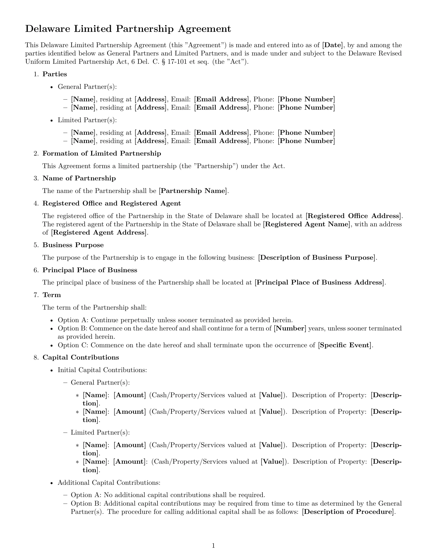 Preview page 1 of Free Delaware limited partnership agreement template