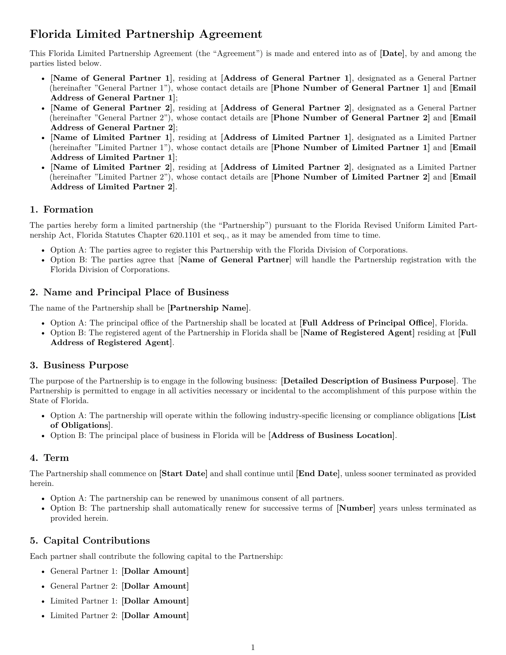 Preview page 1 of Free Florida limited partnership agreement template