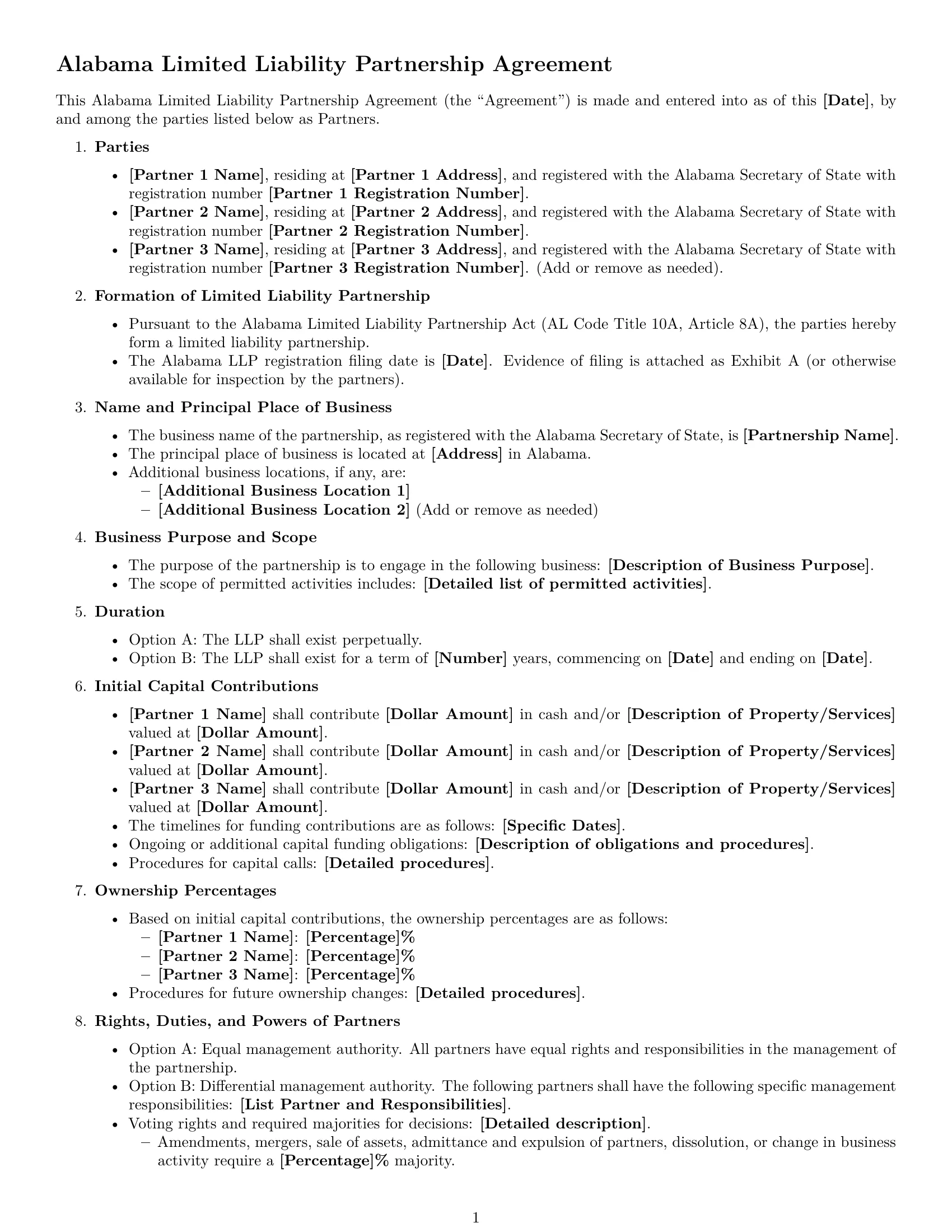 Preview page 1 of Free Alabama limited liability partnership agreement template