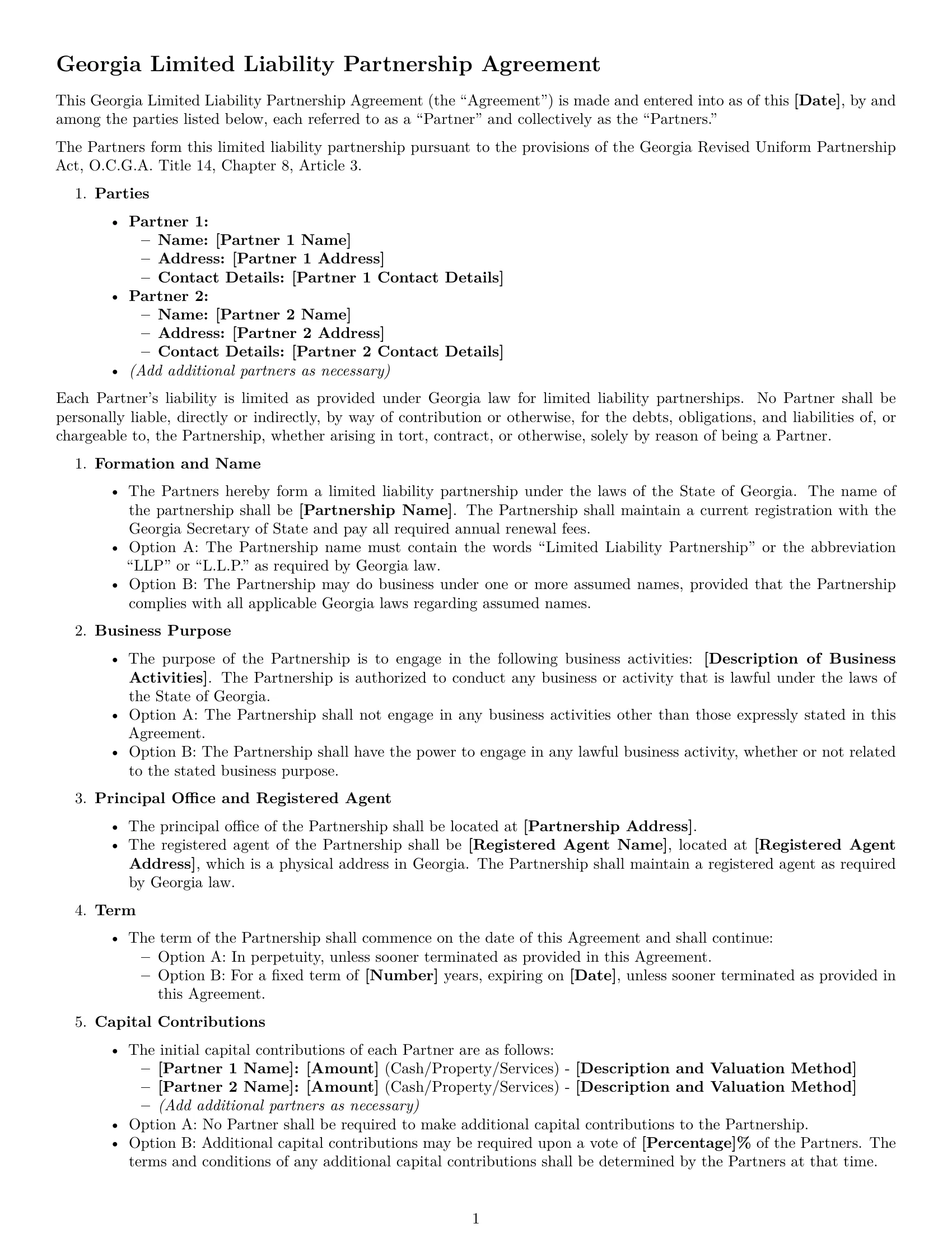 Preview page 1 of Free Georgia limited liability partnership agreement template