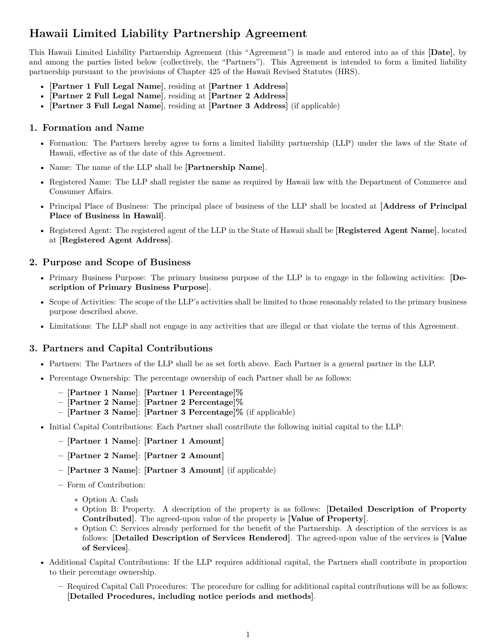 Preview page 1 of Free Hawaii limited liability partnership agreement template
