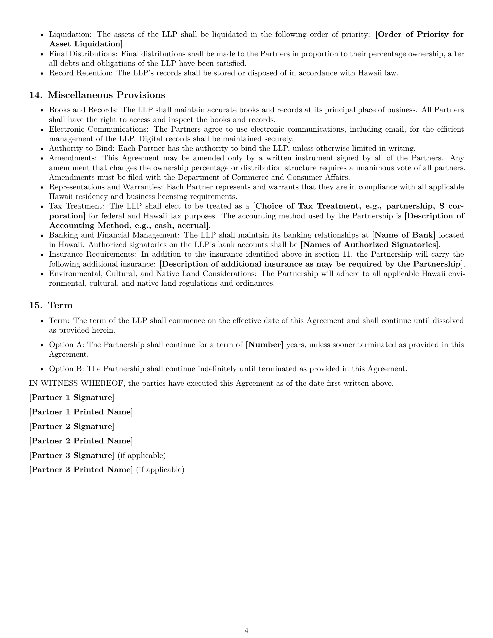 Preview page 4 of Free Hawaii limited liability partnership agreement template