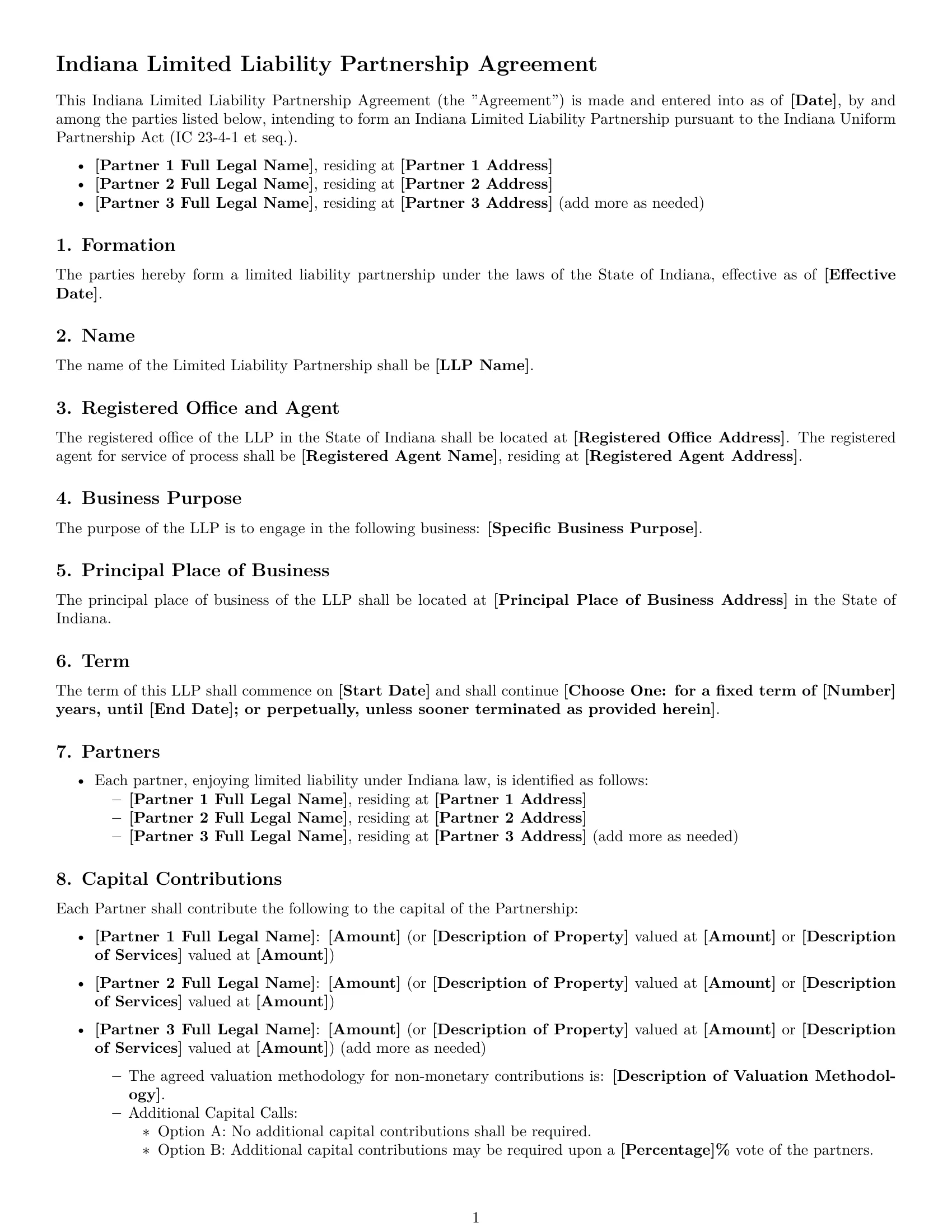 Preview page 1 of Free Indiana limited liability partnership agreement template