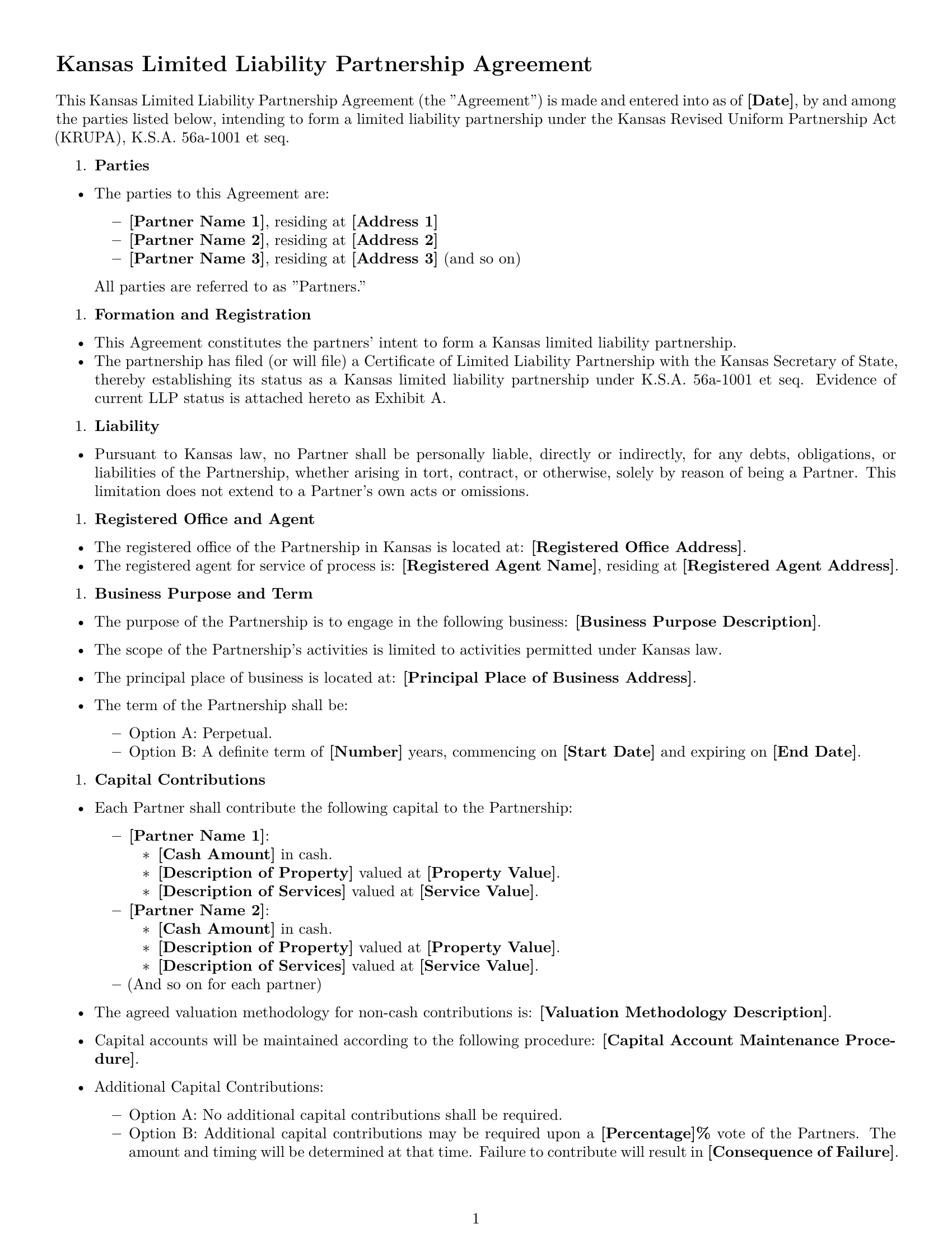 Preview page 1 of Free Kansas limited liability partnership agreement template
