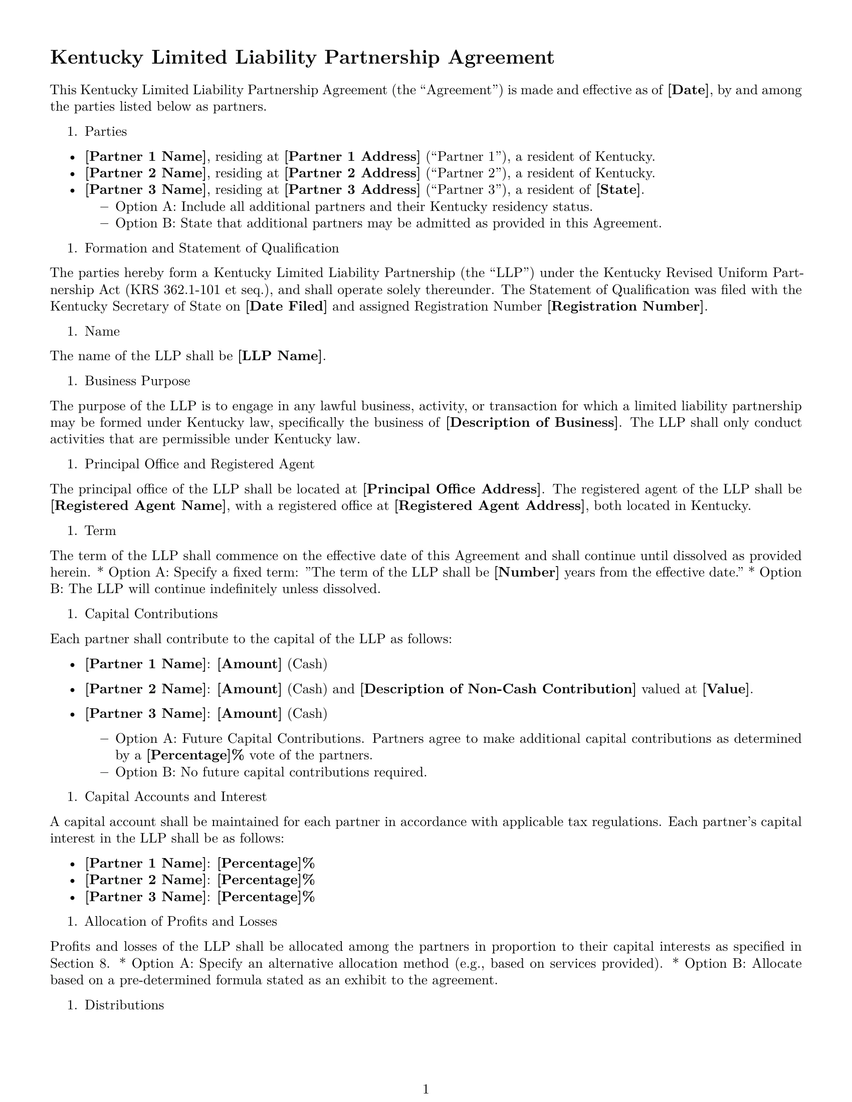 Preview page 1 of Free Kentucky limited liability partnership agreement template