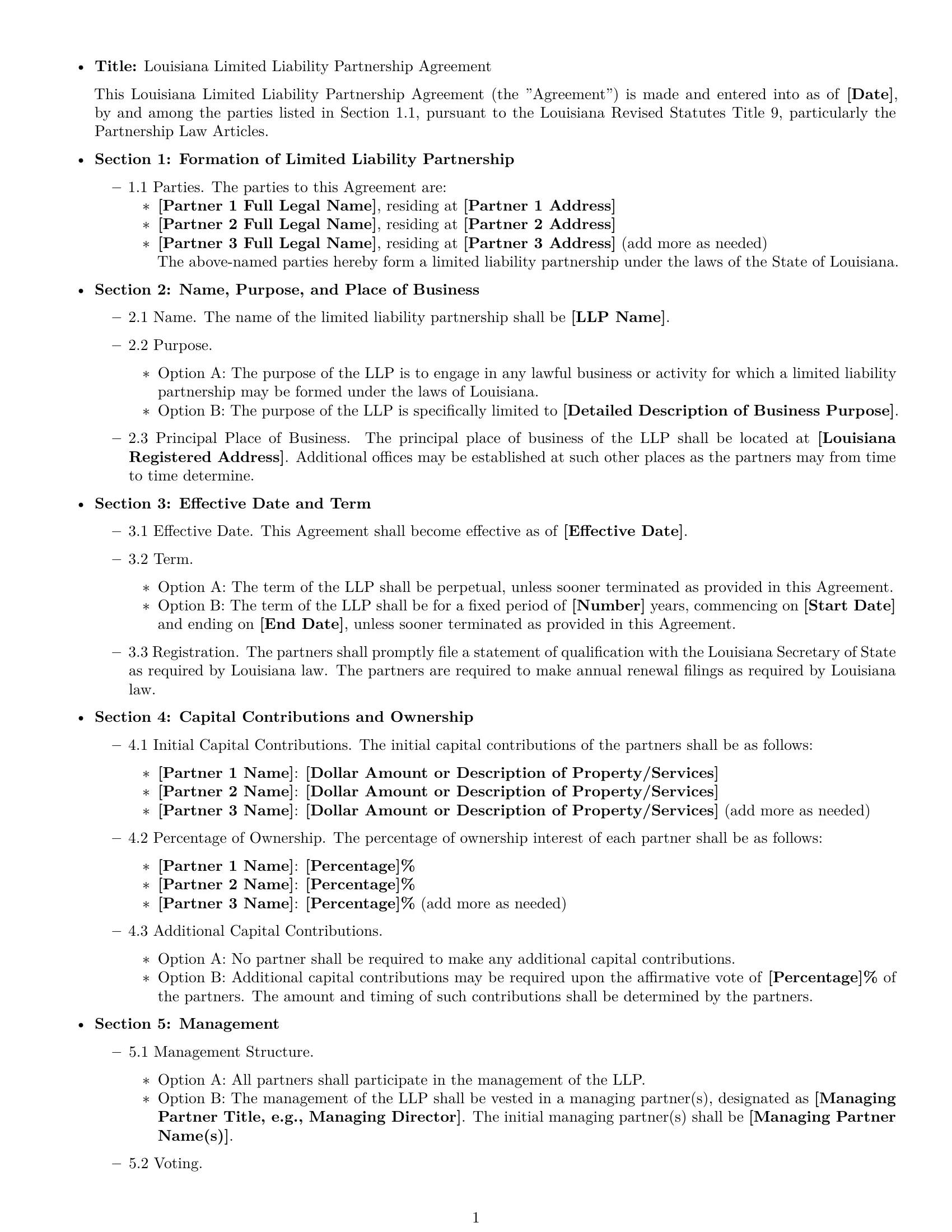 Preview page 1 of Free Louisiana limited liability partnership agreement template