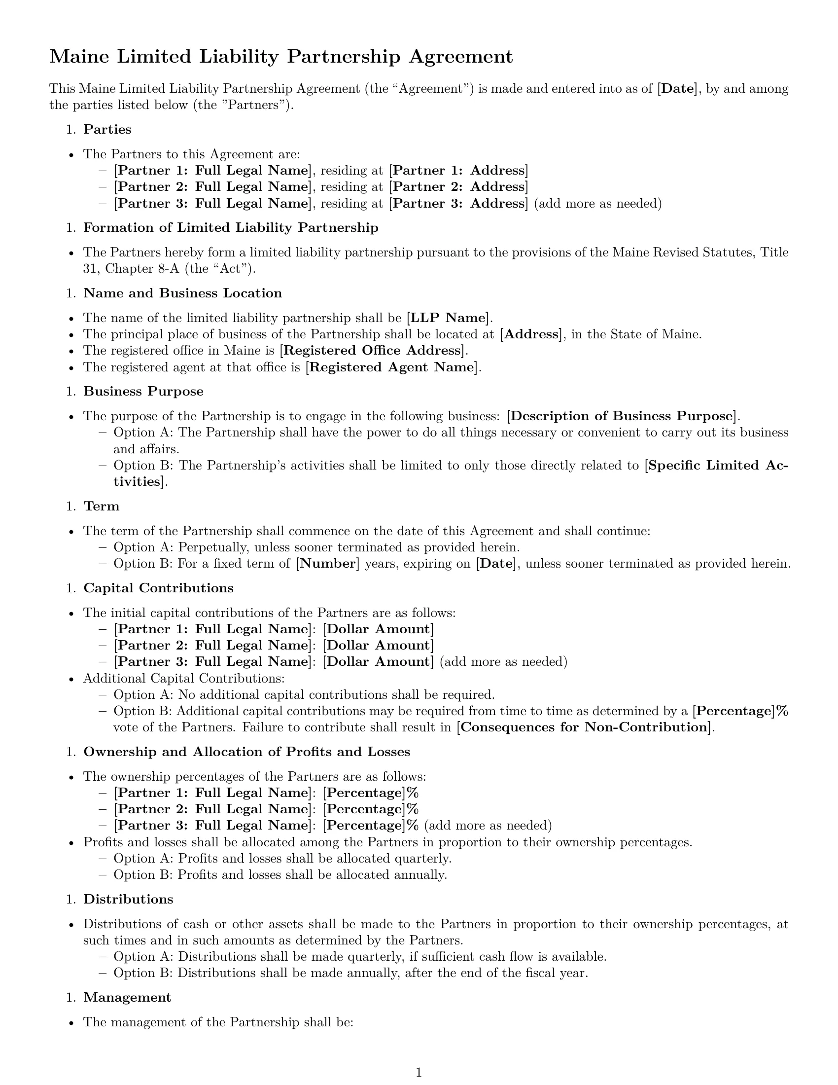 Preview page 1 of Free Maine limited liability partnership agreement template