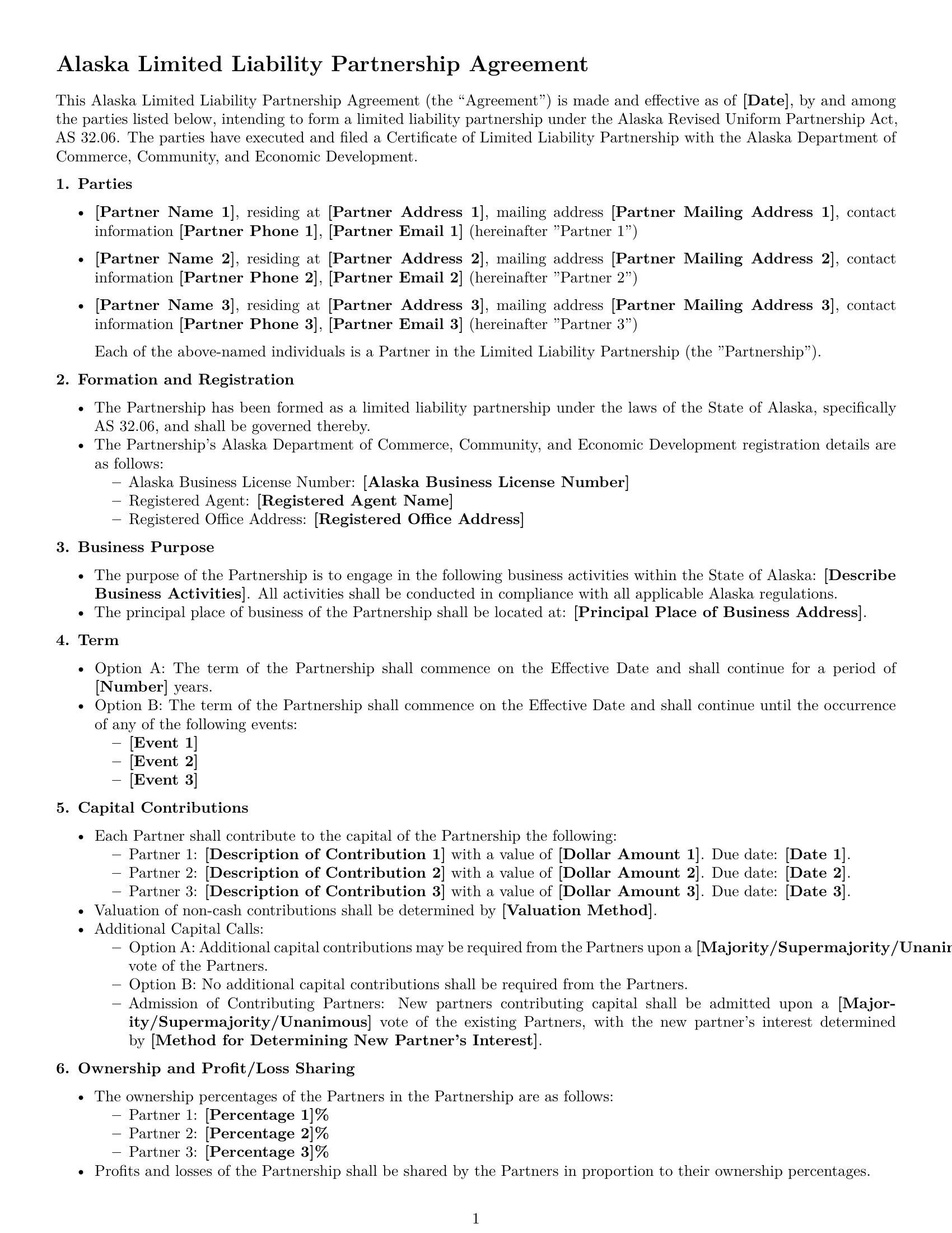 Preview page 1 of Free Alaska limited liability partnership agreement template