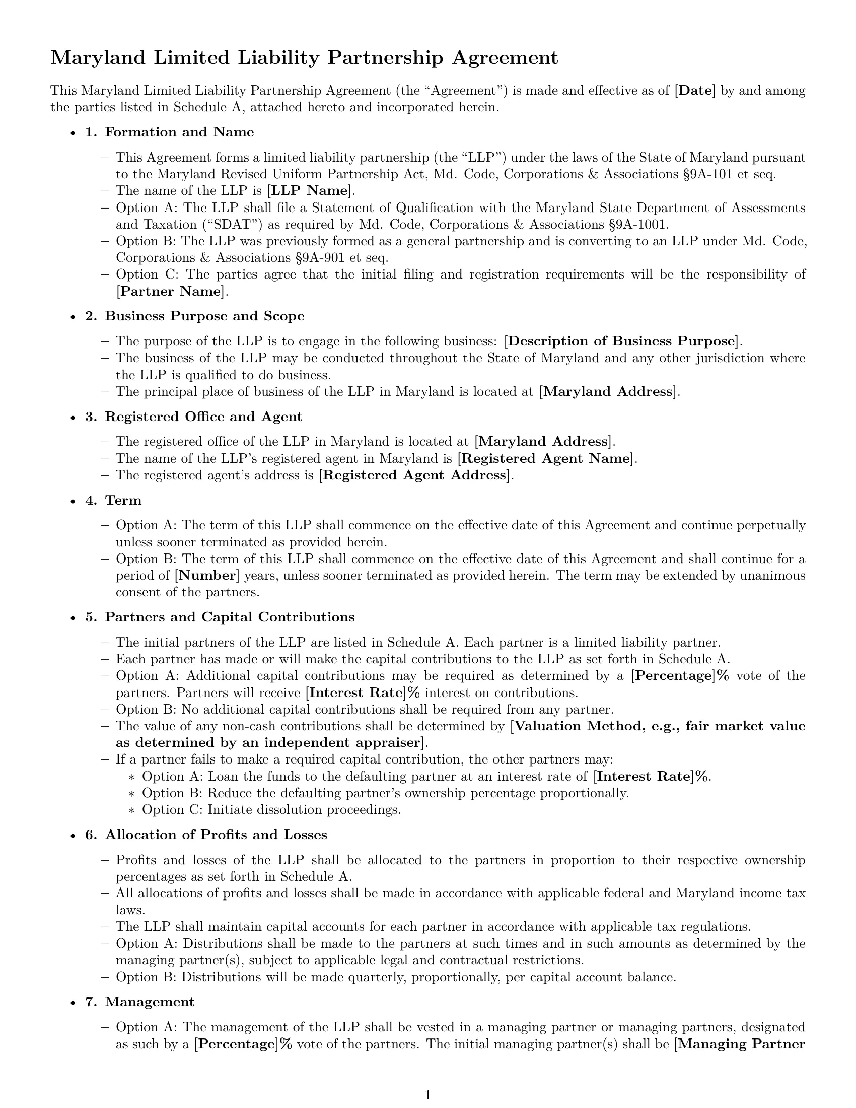 Preview page 1 of Free Maryland limited liability partnership agreement template