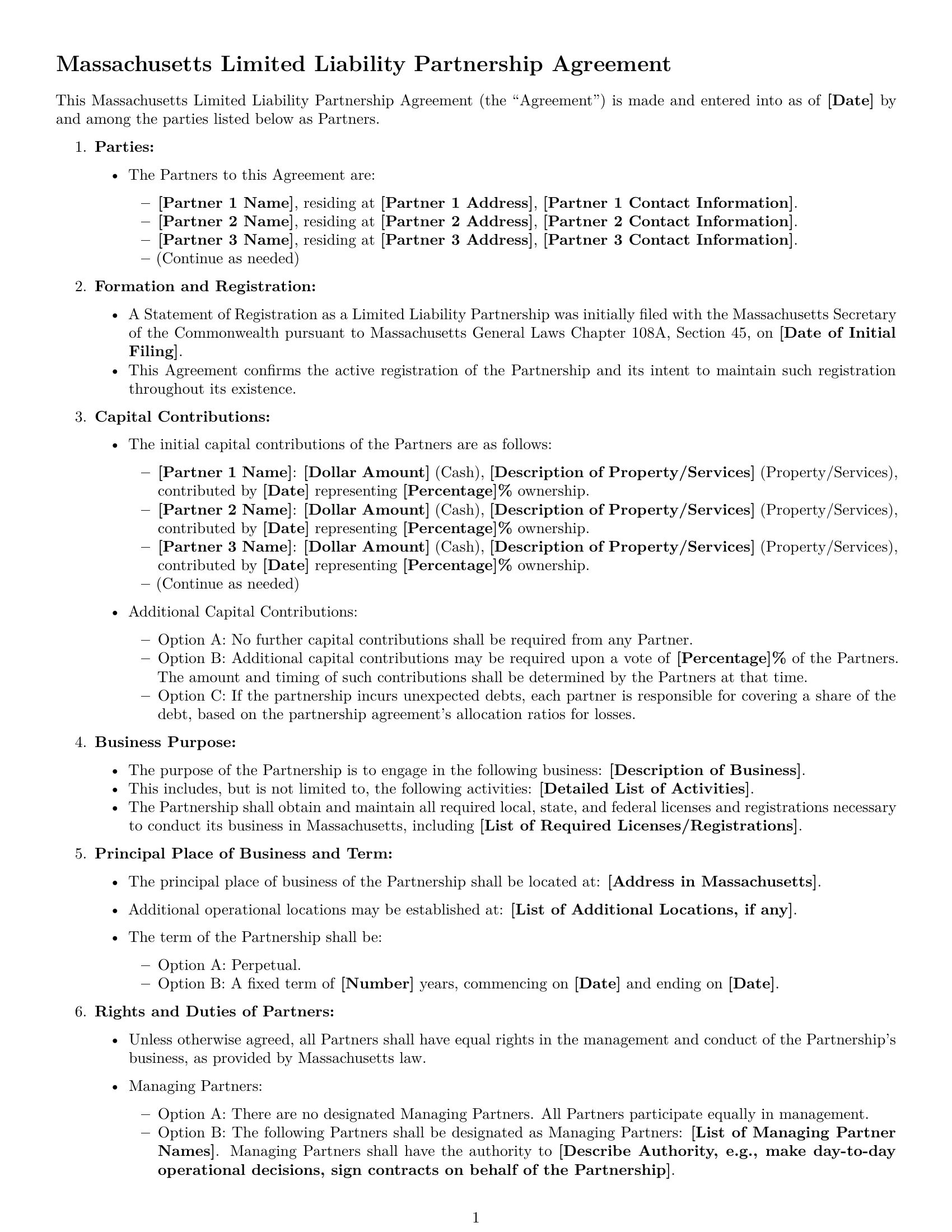 Preview page 1 of Free Massachusetts limited liability partnership agreement template