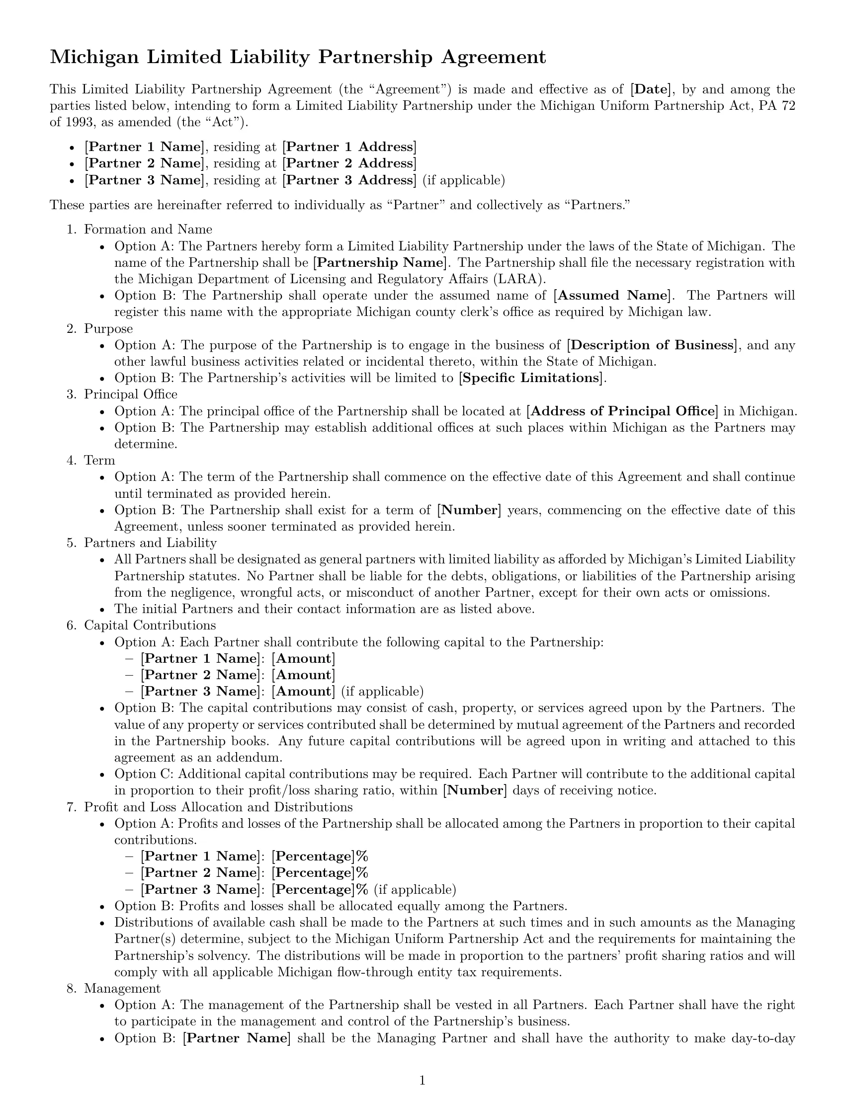Preview page 1 of Free Michigan limited liability partnership agreement template