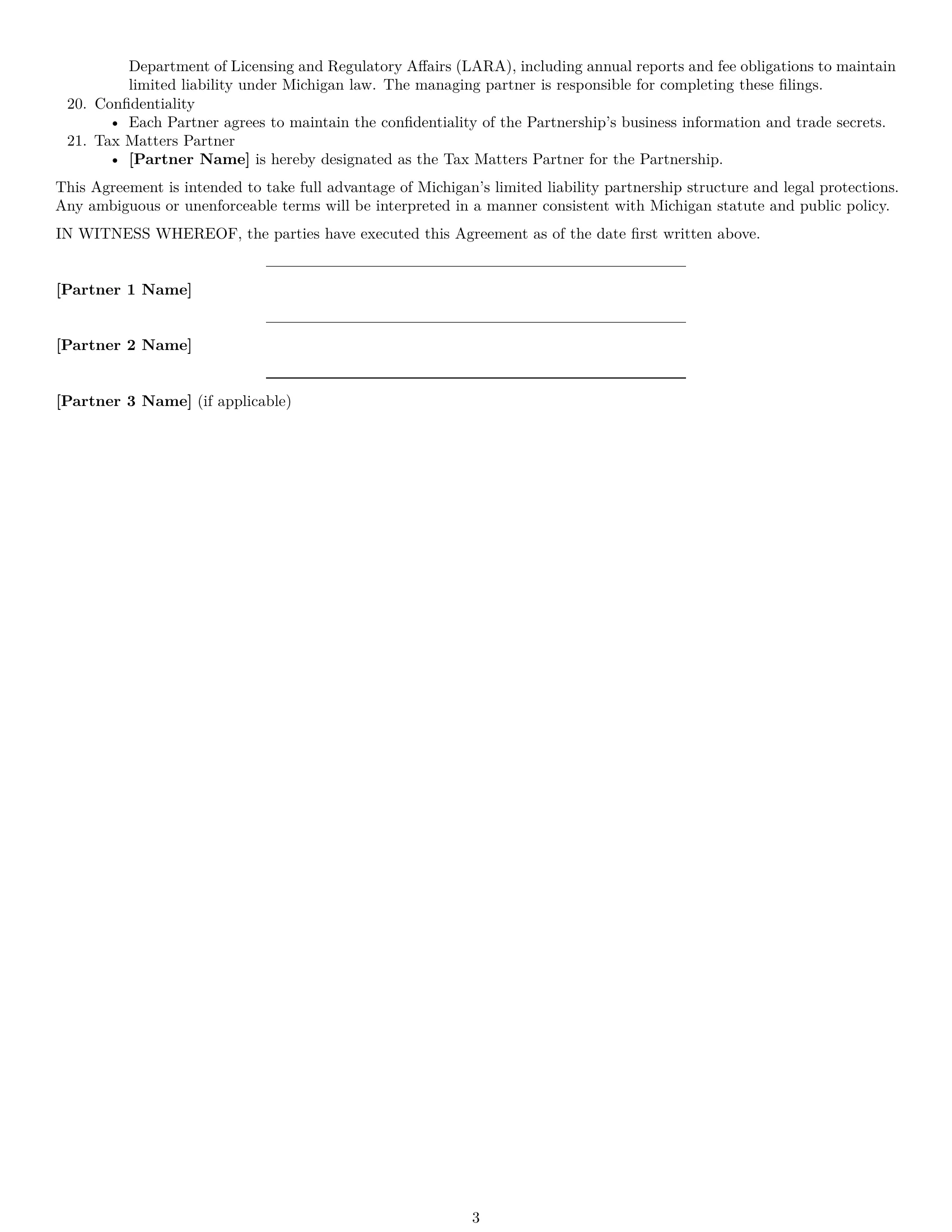 Preview page 3 of Free Michigan limited liability partnership agreement template