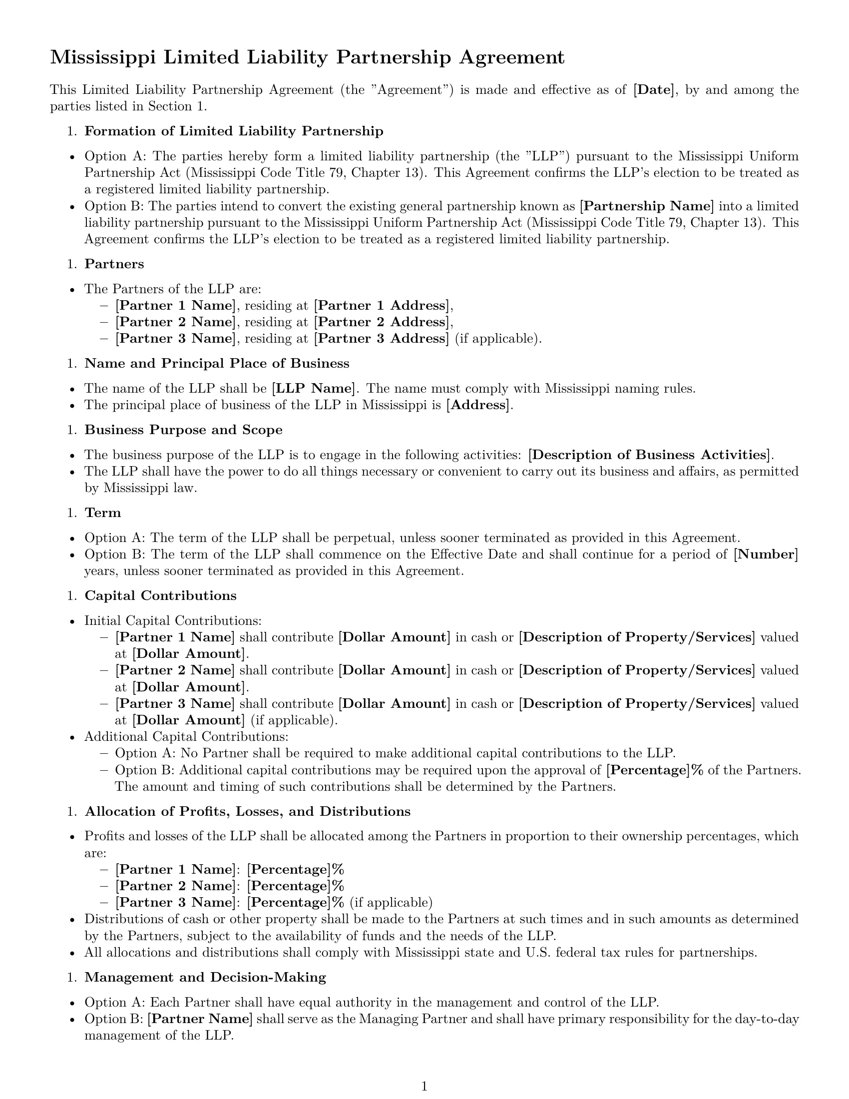 Preview page 1 of Free Mississippi limited liability partnership agreement template