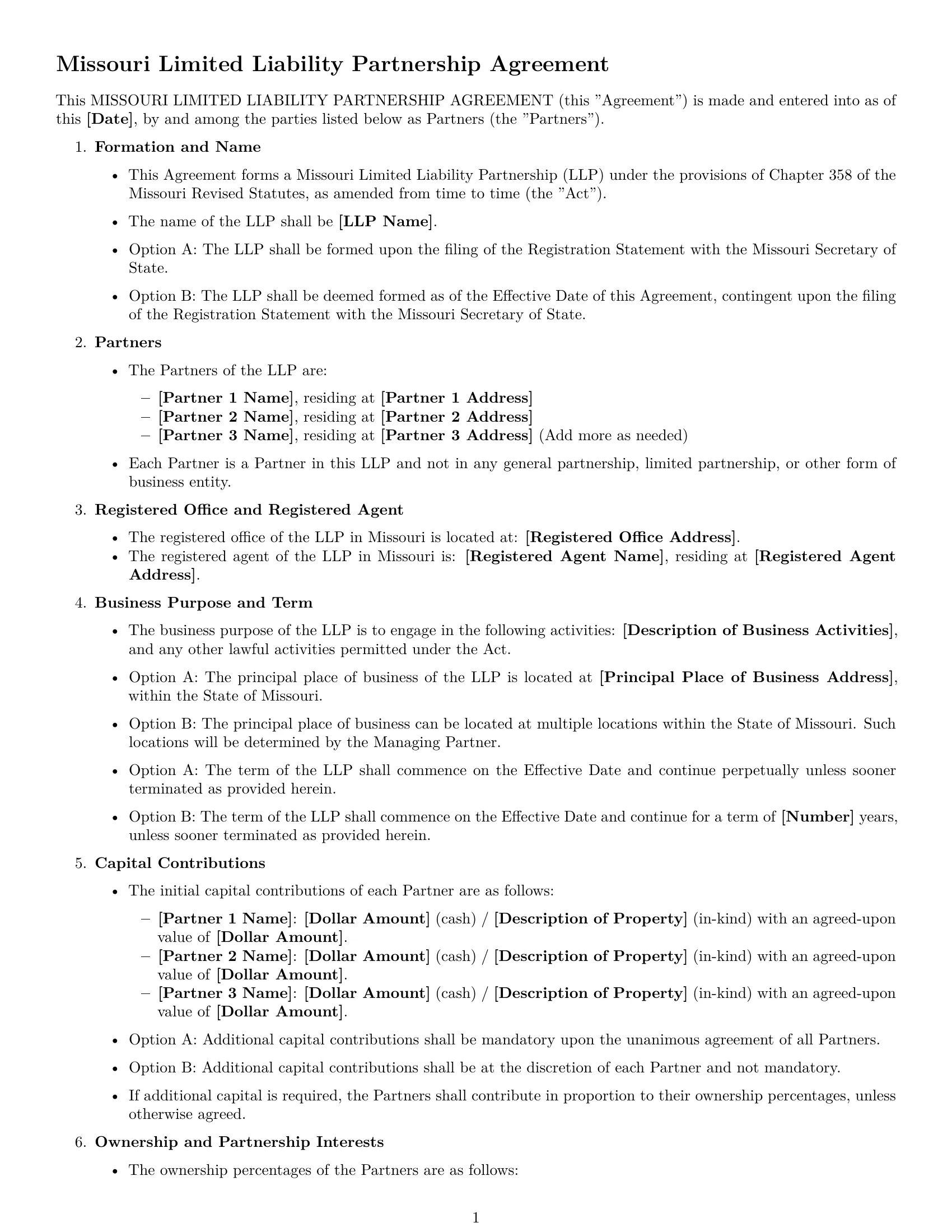 Preview page 1 of Free Missouri limited liability partnership agreement template