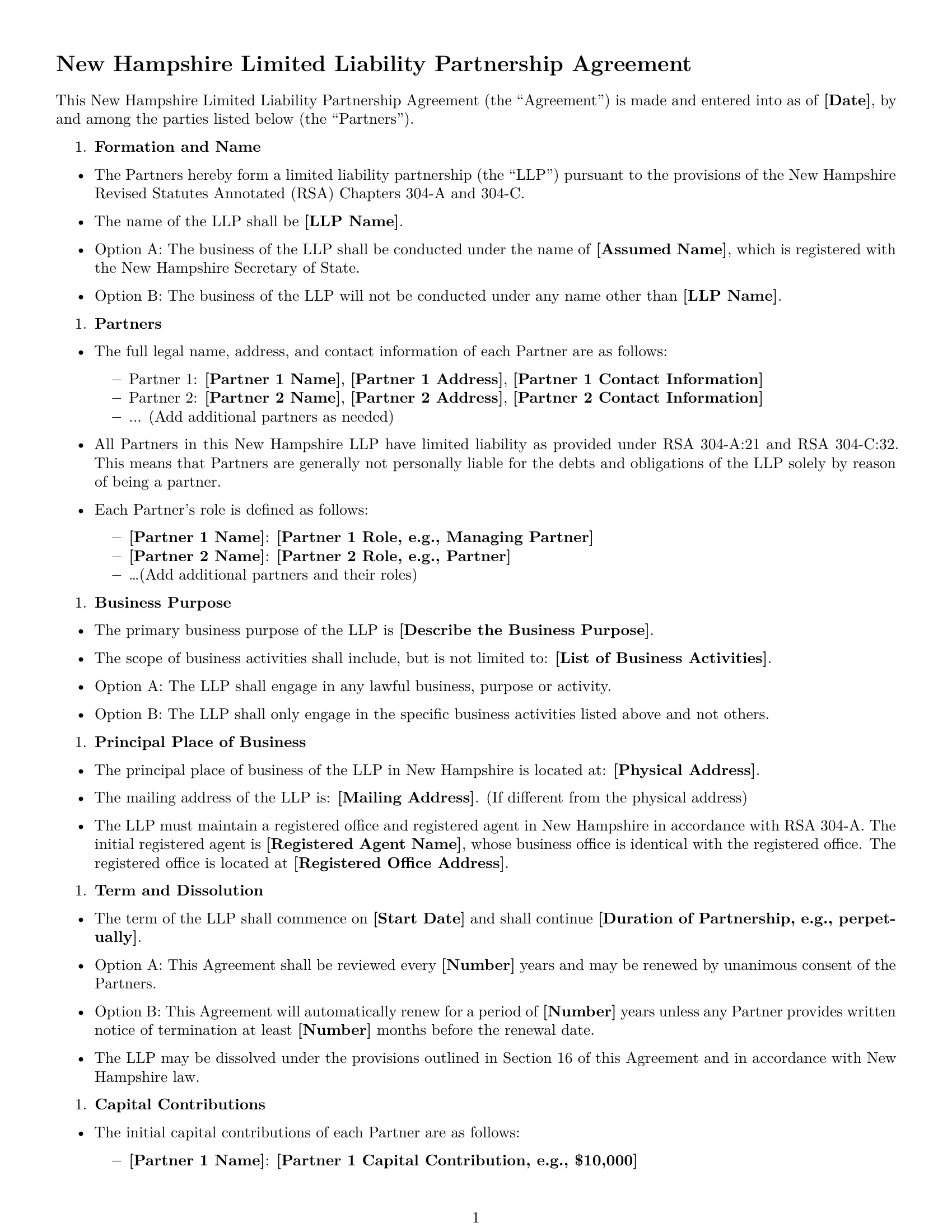 Preview page 1 of Free New Hampshire limited liability partnership agreement template