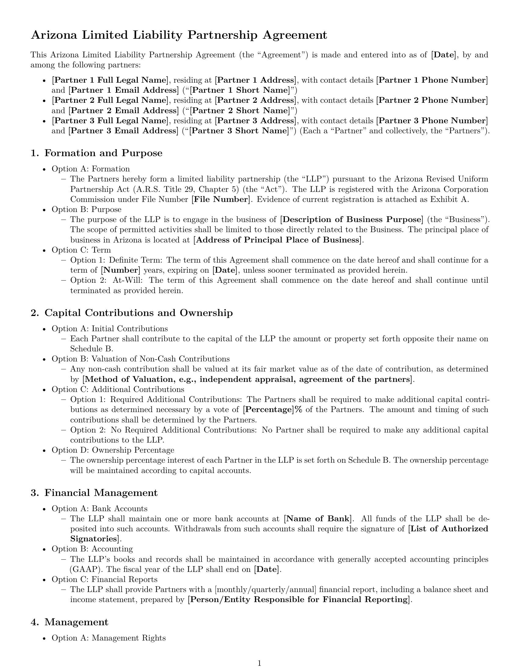 Preview page 1 of Free Arizona limited liability partnership agreement template