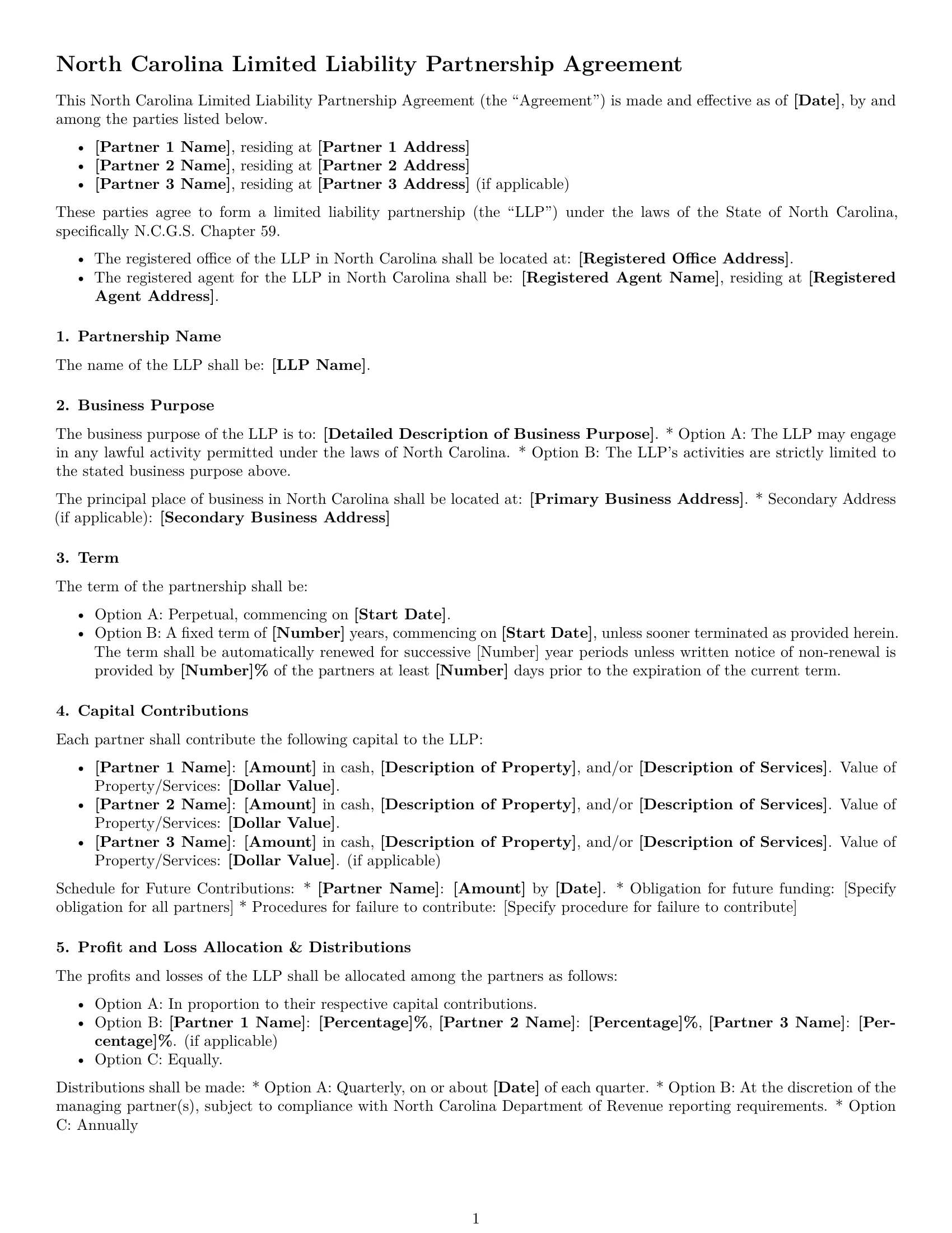 Preview page 1 of Free North Carolina limited liability partnership agreement template