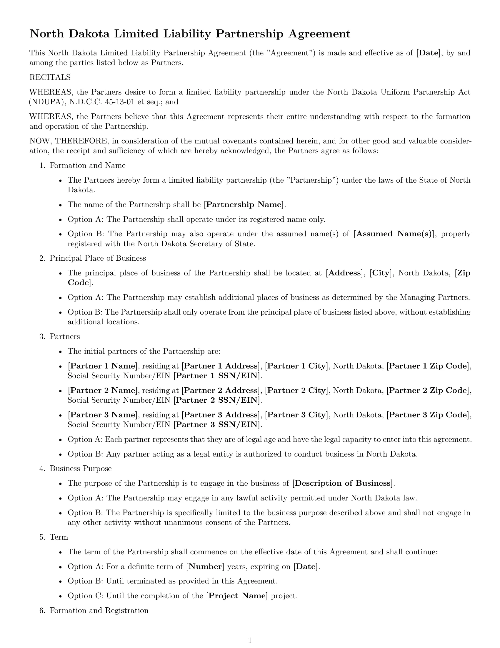 Preview page 1 of Free North Dakota limited liability partnership agreement template